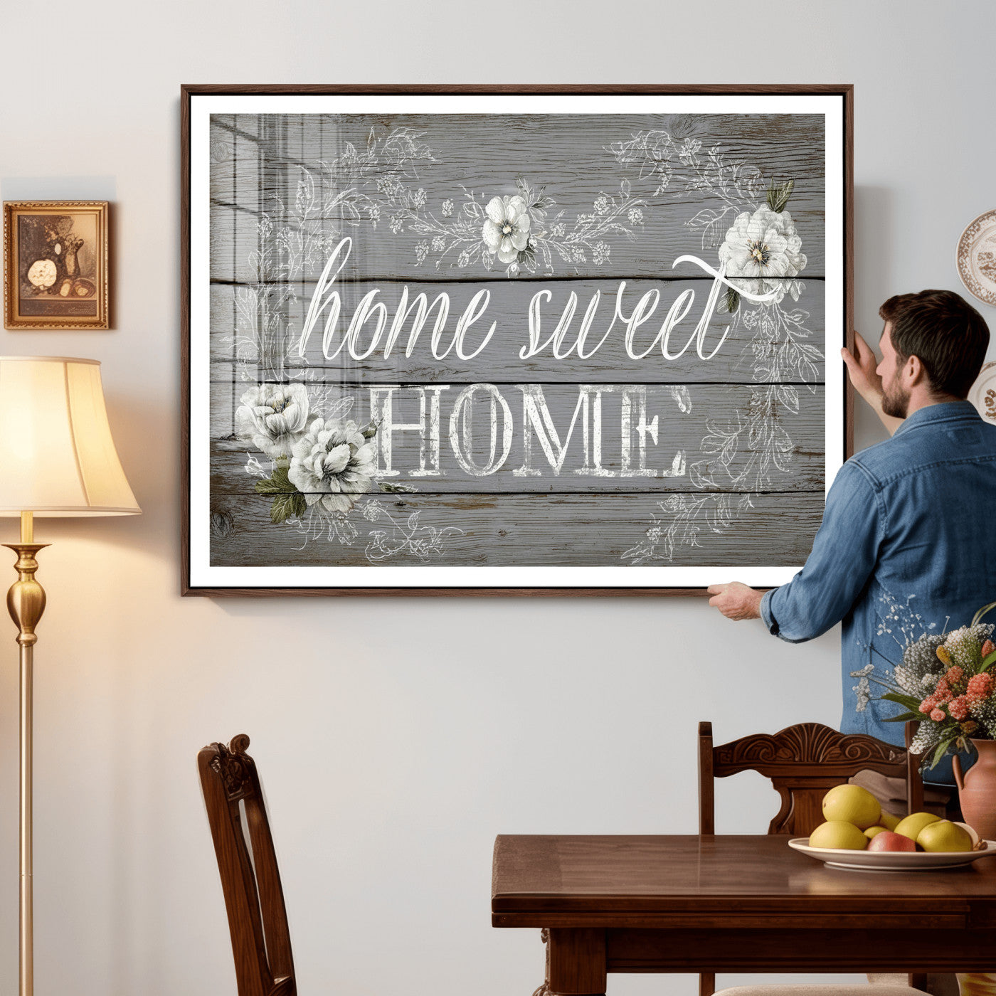 42160089-MGV-CV-36X24 - Home Sweet Home Sign Wall Art Canvas Print, Floral Farmhouse Sign, Rustic Neutral Entryway Bedroom Living Room Decor