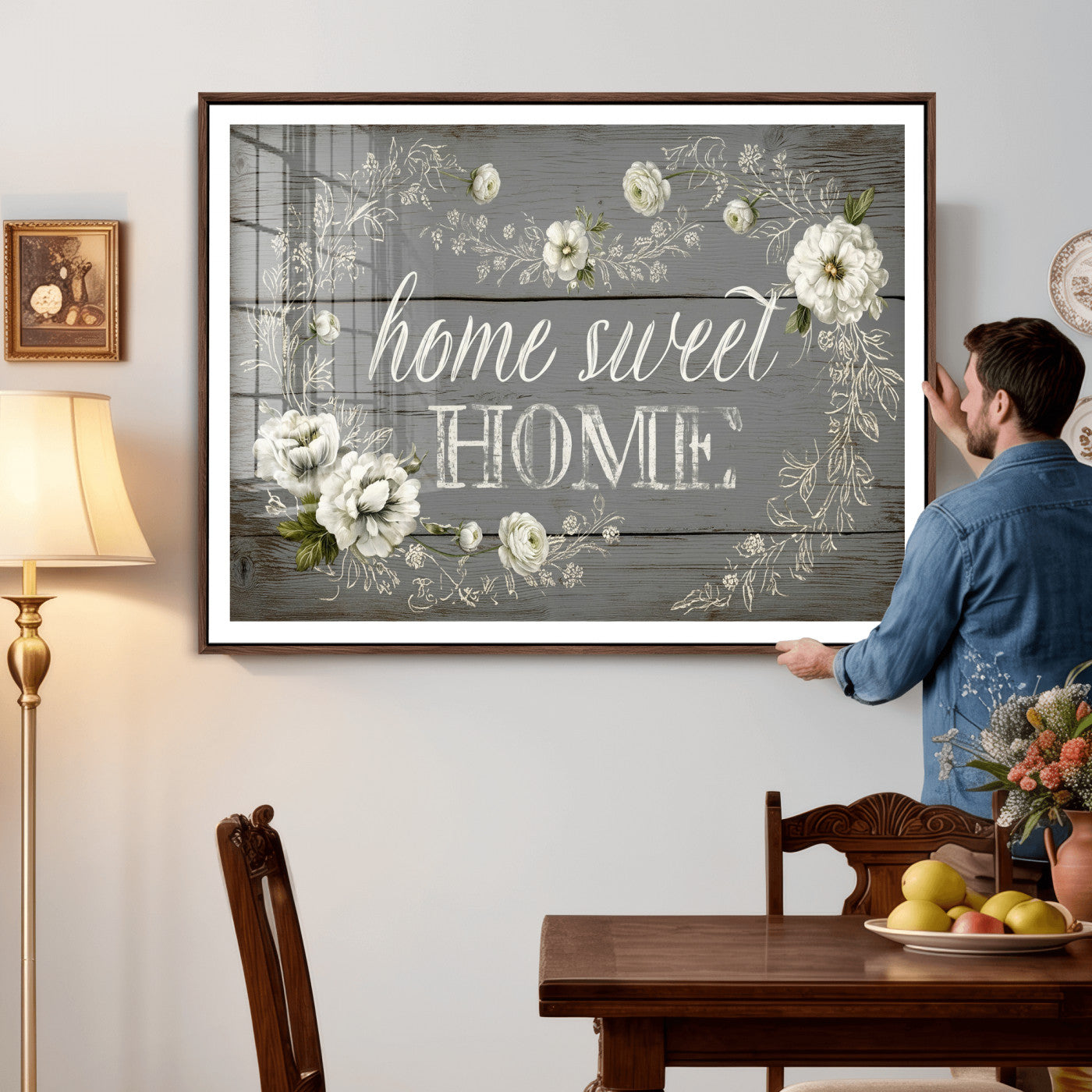 32056075-MGV-CV-36X24 - Home Sweet Home Wall Art Canvas Print, Floral Farmhouse Sign, Rustic Neutral Entryway Bedroom Living Room Decor