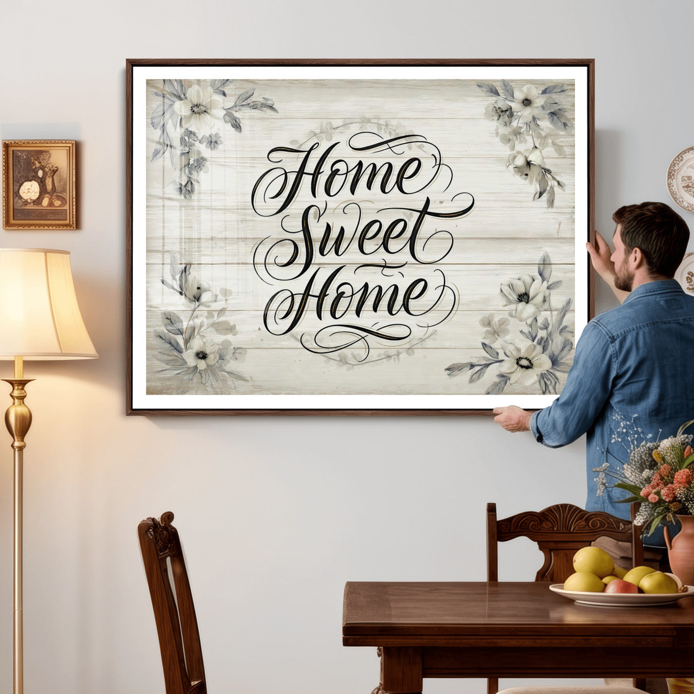 11120405-MGV-CV-36X24 - Home Sweet Home Wall Art Canvas Print, Floral Farmhouse Sign, Rustic Neutral Entryway Bedroom Living Room Decor