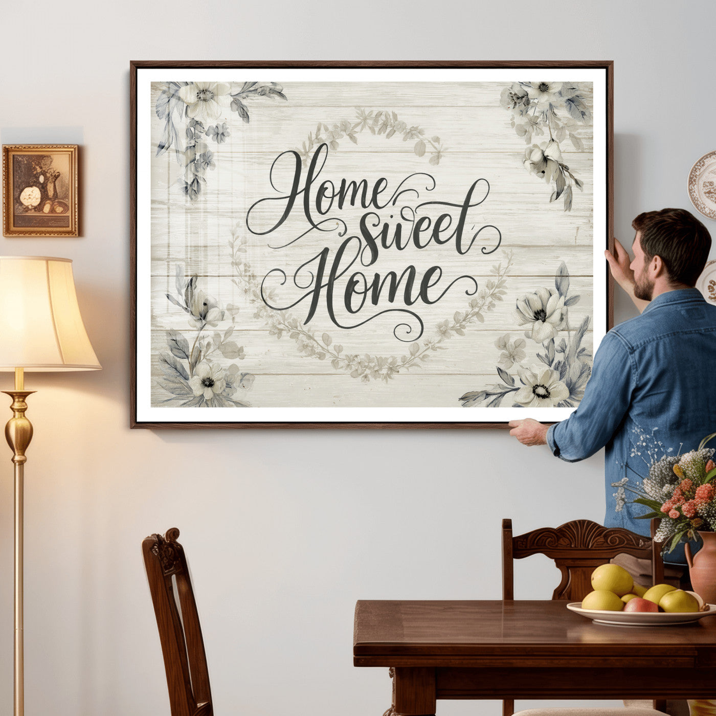 81157008-MGV-CV-36X24 - Home Sweet Home Wall Art Canvas Print, Floral Farmhouse Sign, Rustic Neutral Entryway Bedroom Living Room Decor