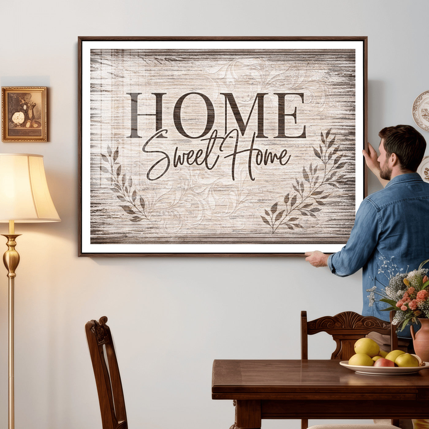 81157008S-MGV-CV-36X24 - Home Sweet Home Wall Art Canvas Print, Floral Farmhouse Sign, Rustic Neutral Entryway Bedroom Living Room Decor