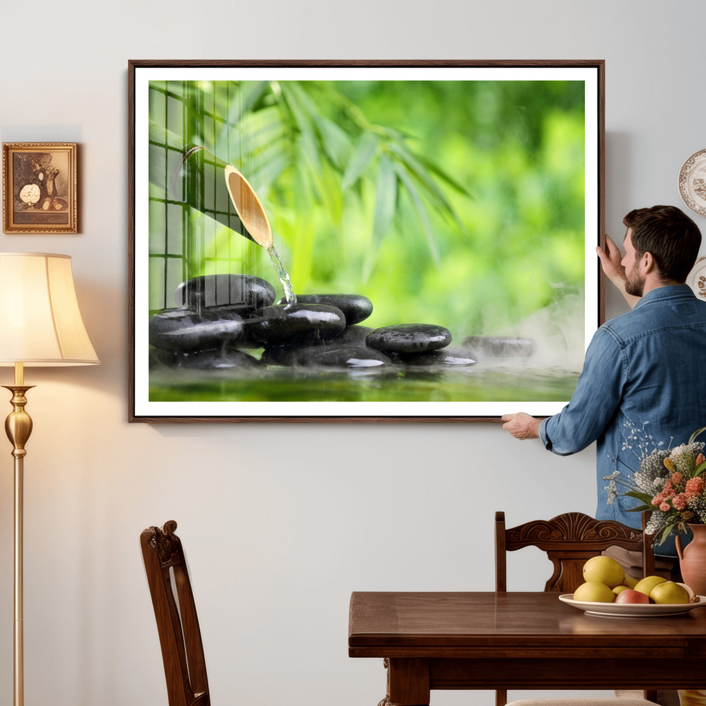 26961320-MGV-CV-36X24 - Bamboo Water Flow Black Stone Canvas | Zen Spa Nature Photography Print | Green Mist Japanese Garden Wall Art | Tranquil Decor