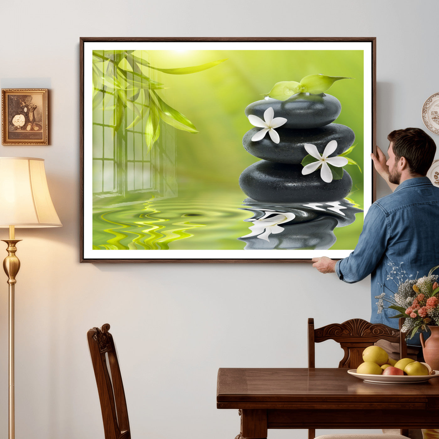 51106626-MGV-CV-36X24 - Plumeria Frangipani Black Stone Canvas | White Flower Spa Photography Print | Tropical Zen Wall Art | Grey Pebble Floral for Meditation Yoga Room Decor