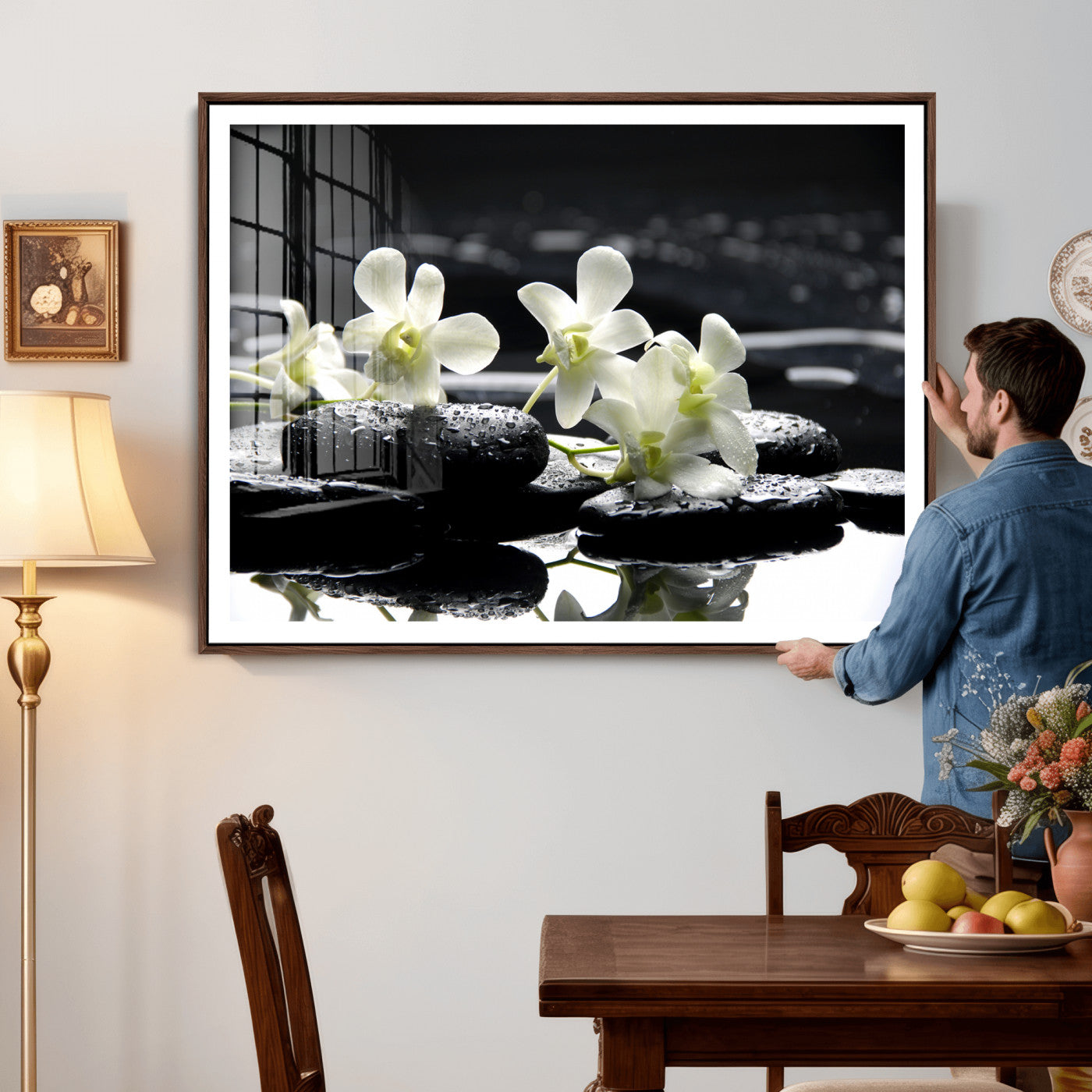 79486206-MGV-CV-36X24 - Plumeria Frangipani Black Stone Canvas | White Flower Spa Photography Print | Tropical Zen Wall Art | Grey Pebble Floral for Meditation Room Decor