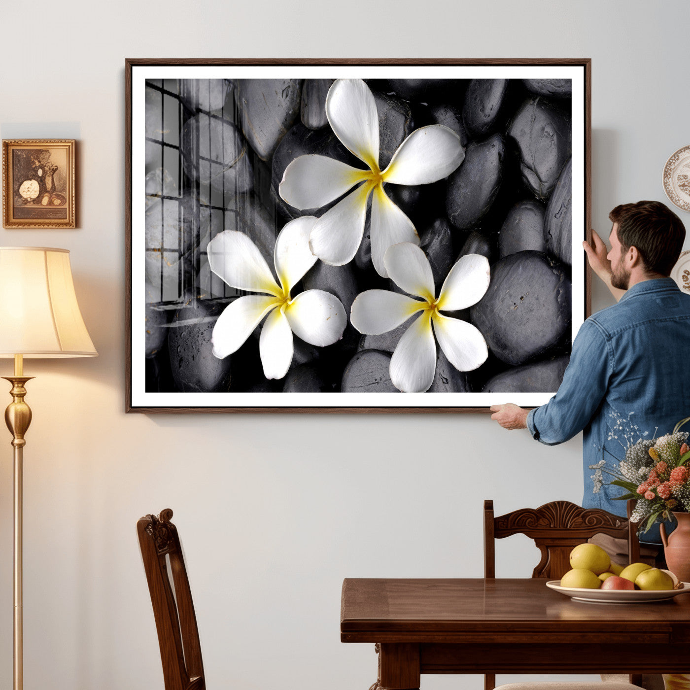 43639613-MGV-CV-36X24 - Plumeria Frangipani Black Stone Canvas | White Flower Spa Photography Print | Tropical Zen Wall Art | Grey Pebble Floral Decor