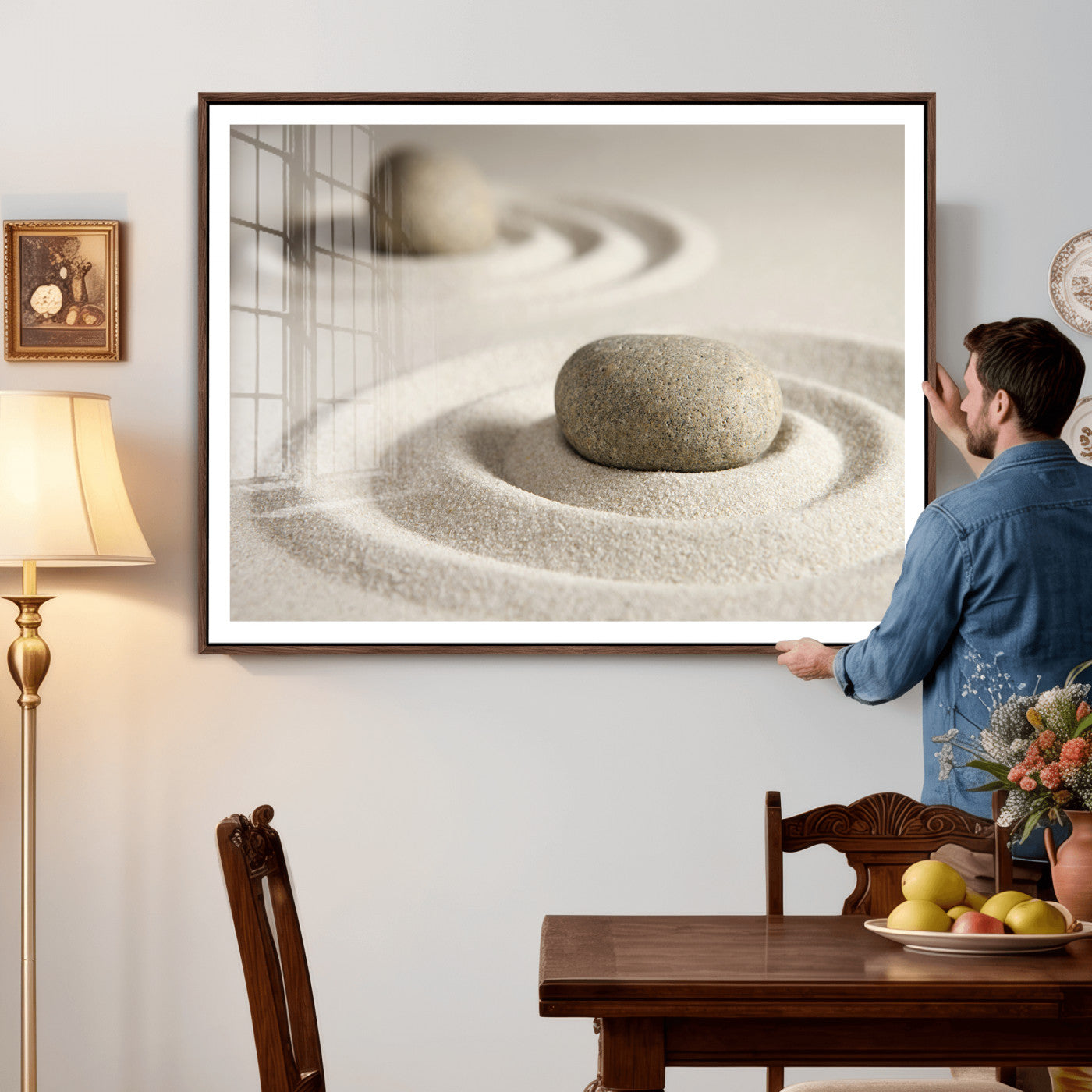 13397966-MGV-CV-36X24 - Zen Garden Stone Sand Canvas | Japanese Rock Garden Wall Art | Minimalist Meditation Print | Neutral Beige Mindfulness Decor