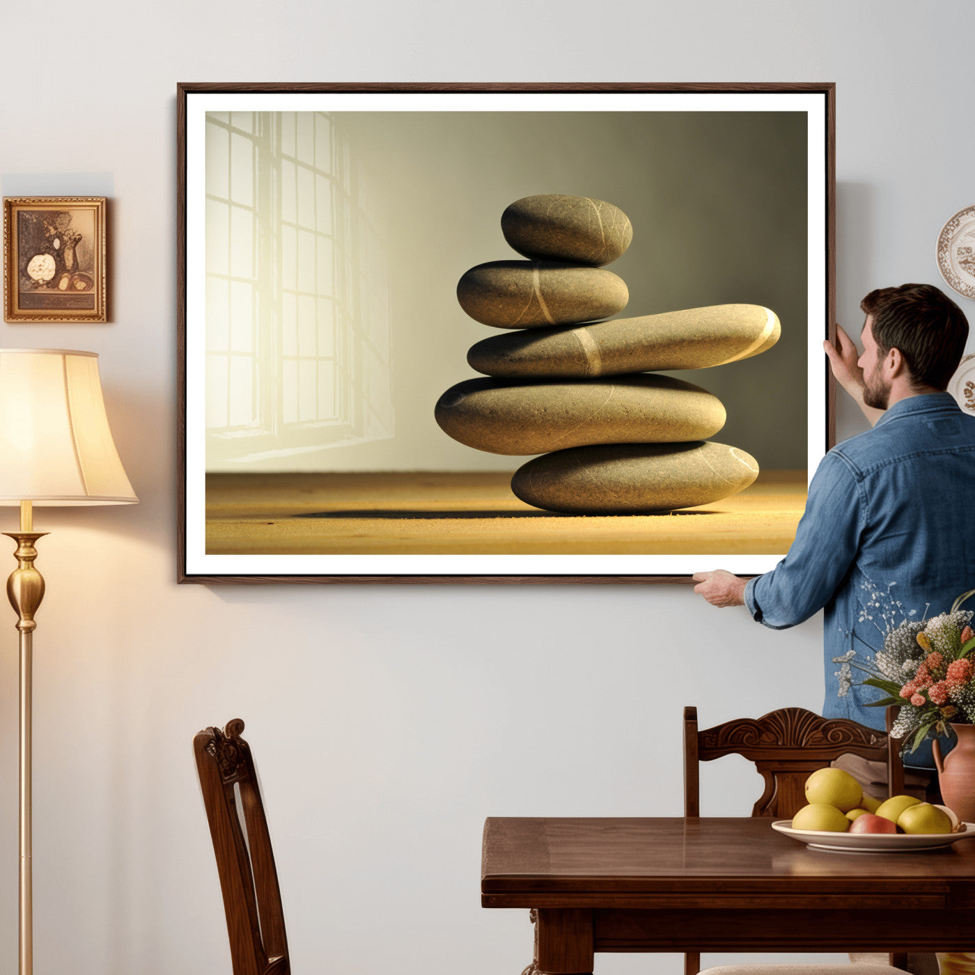 85424263-MGV-CV-36X24 - Zen Stone Wall Art Canvas Print, Balanced Rock Stack Framed Spa Artwork, Minimalist Meditation Decor for Living Room Bedroom Office Bathroom