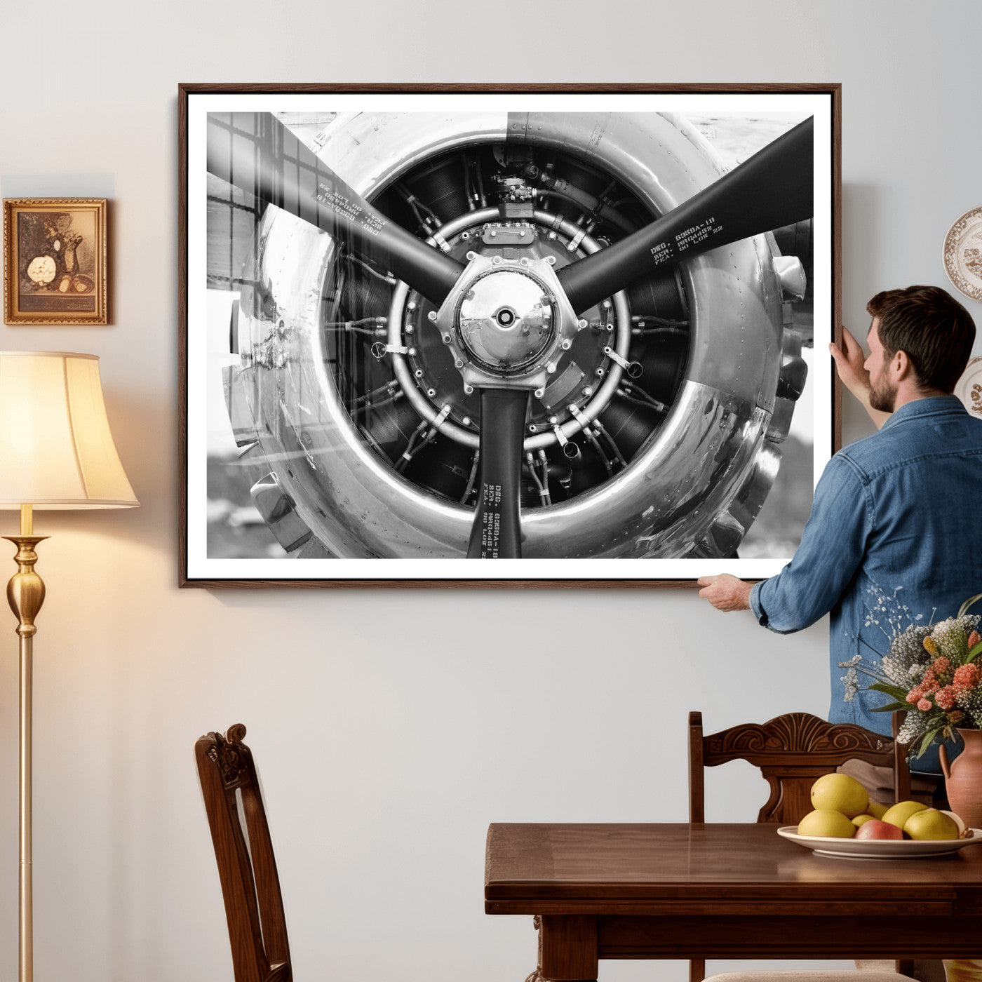 73322230-MGV-CV-36X24 - Vintage Propeller Plane Wall Art Canvas Print, Black and White Airplane Engine Close Up Framed Aviation Artwork for Pilot Office Hangar Decor
