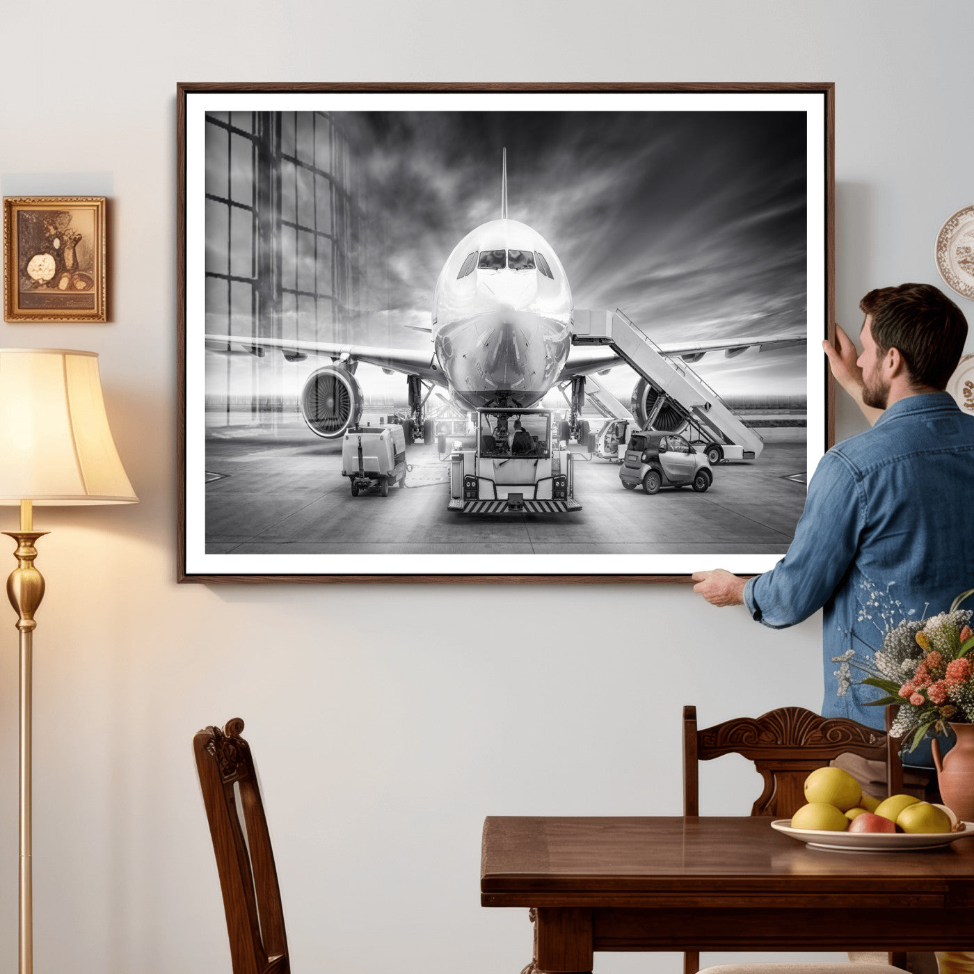 85885848-MGV-CV-36X24 - Airplane Wall Art Canvas Print, Black and White Jet Aircraft Airport Runway Framed Aviation Artwork for Pilot Office Hangar Travel Decor