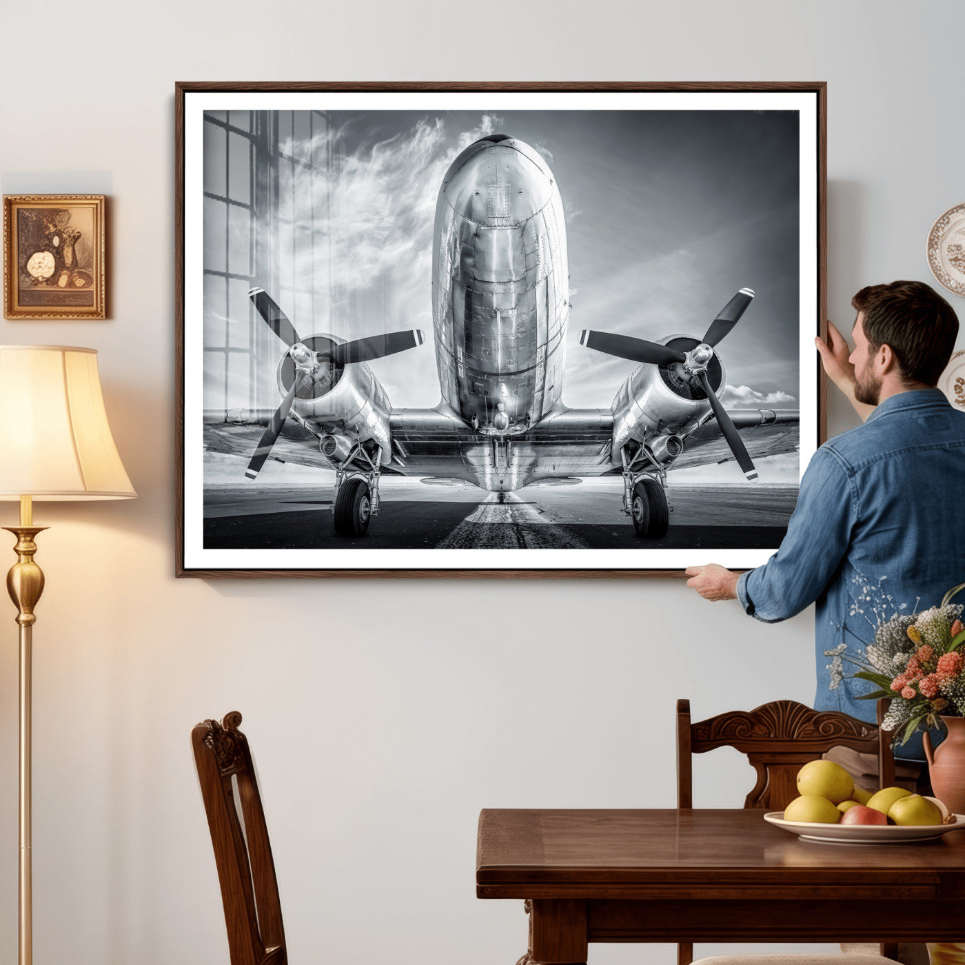 59729636-MGV-CV-36X24 - Vintage Propeller Plane Wall Art Canvas Print, Black and White Airplane Engine Close Up Framed Aviation Artwork for Pilot Office Hangar Decor