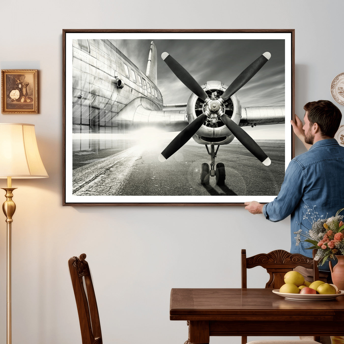 16420255-MGV-CV-36X24 - Vintage Airplane Wall Art Canvas Print, Black and White Propeller Aircraft Framed Aviation Artwork for Pilot Office Hangar Living Room Decor