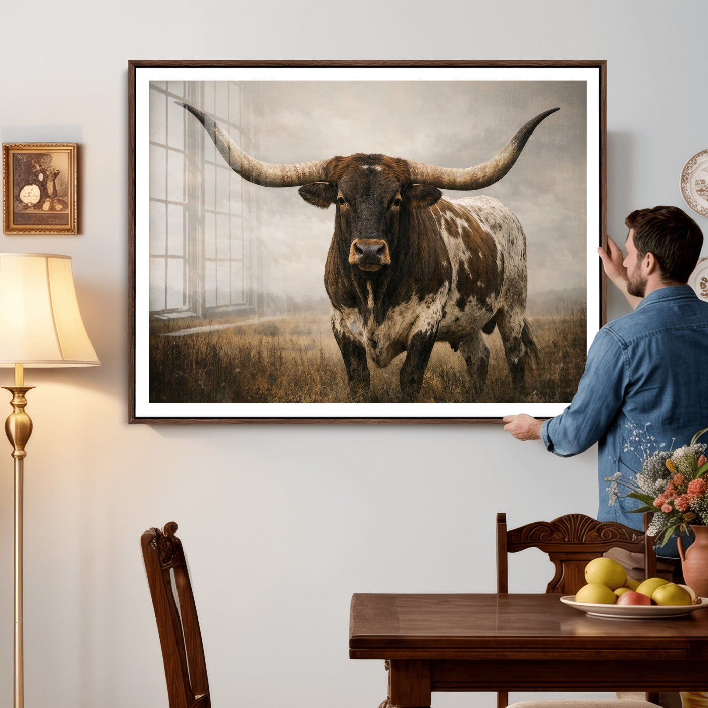 17622011L-MGV-CV-36X24 - Longhorn Bull Wall Art Canvas Print, Western Farmhouse Cowboy Decor, Rustic Texas Ranch Cattle Artwork for Living Room Bedroom Office, Framed Wall Decor