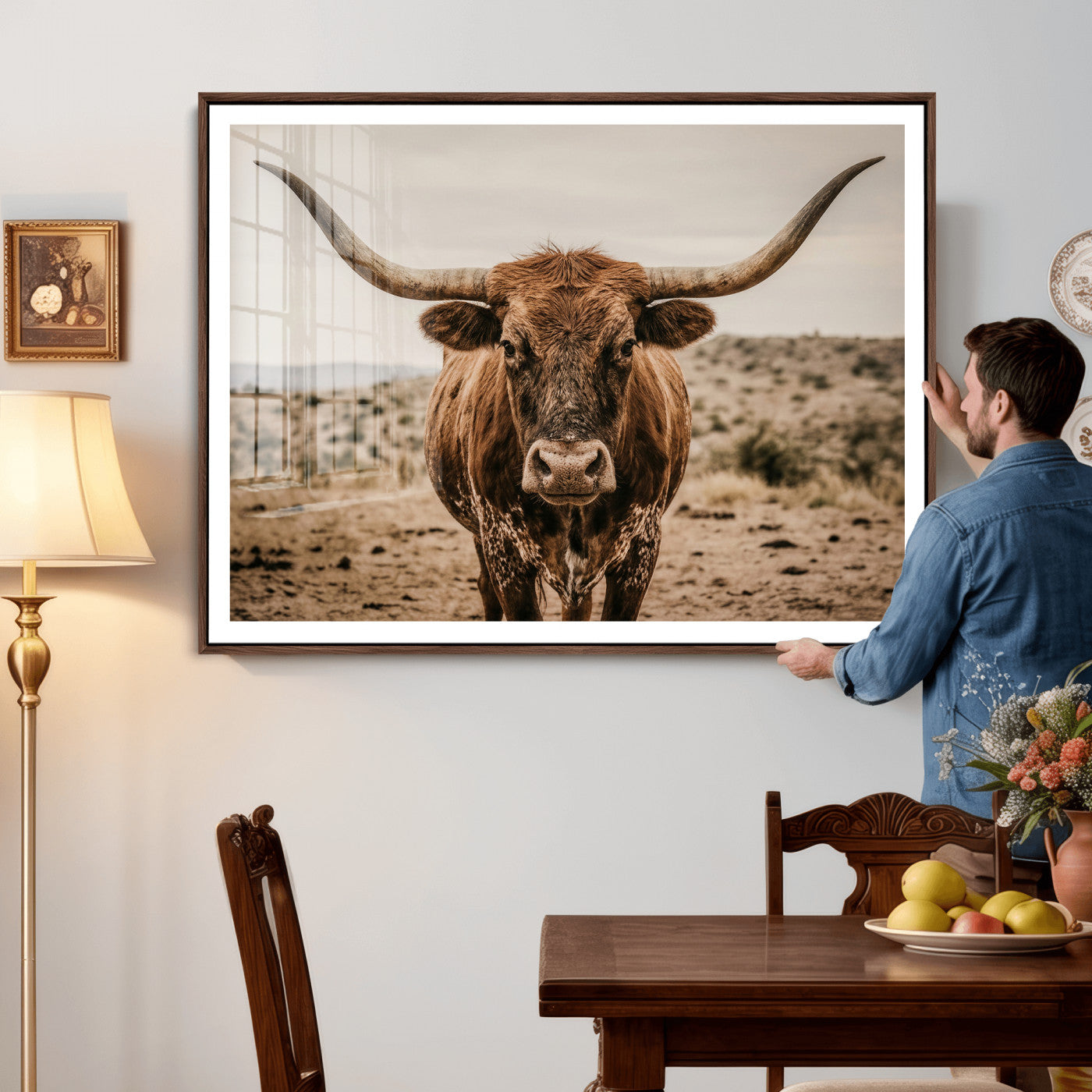 17622011K-MGV-CV-36X24 - Texas Longhorn Bull Wall Art Canvas Print, Western Farmhouse Cowboy Decor, Rustic Texas Ranch Cattle Artwork for Living Room Bedroom Office, Framed Wall Decor