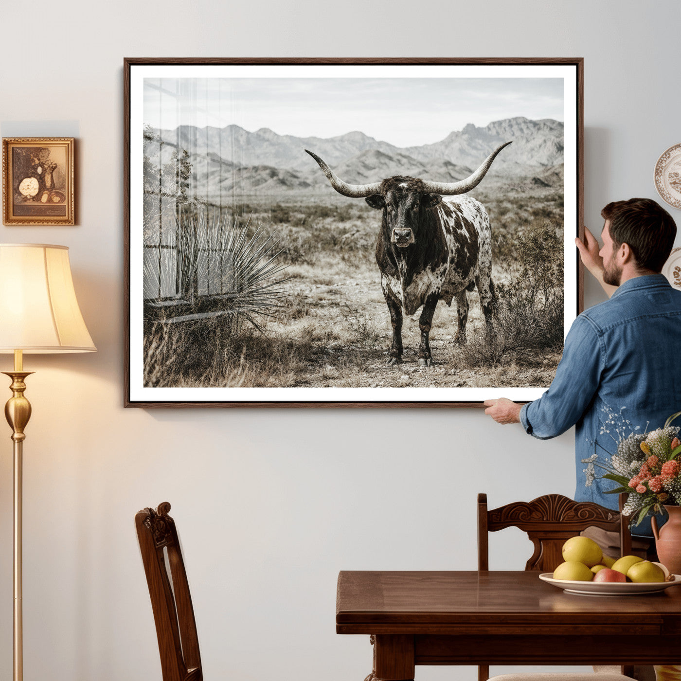 17622011H-MGV-CV-36X24 - Texas Longhorn Bull Wall Art Canvas Print, Western Farmhouse Cowboy Decor, Rustic Texas Ranch Cattle Artwork for Living Room Bedroom Office, Framed Wall Decor