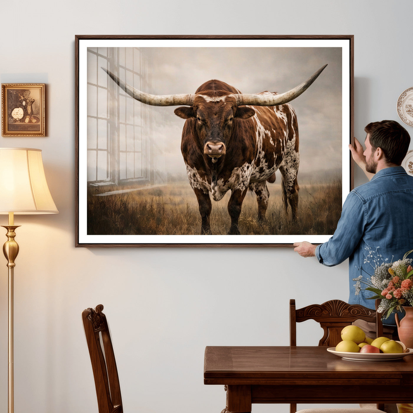 25239047-MGV-CV-36X24 - Texas Longhorn Canvas Wall Art Western Bull Desert Moody Grey Overcast Rustic Farmhouse Framed Large for Living Room Bedroom Office Decor
