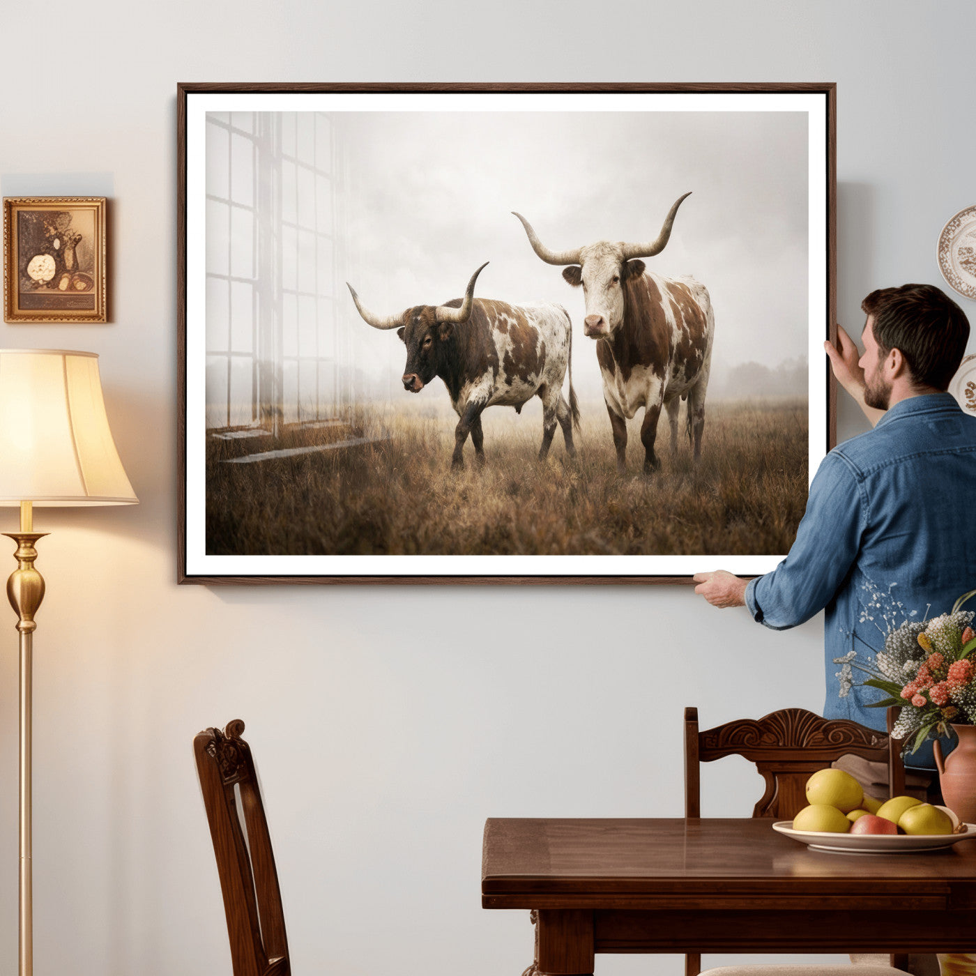 92881702-MGV-CV-36X24 - Texas Longhorn Canvas Wall Art Western Bull Desert Moody Grey Overcast Rustic Farmhouse Framed Large for Living Room Bedroom Office Decor
