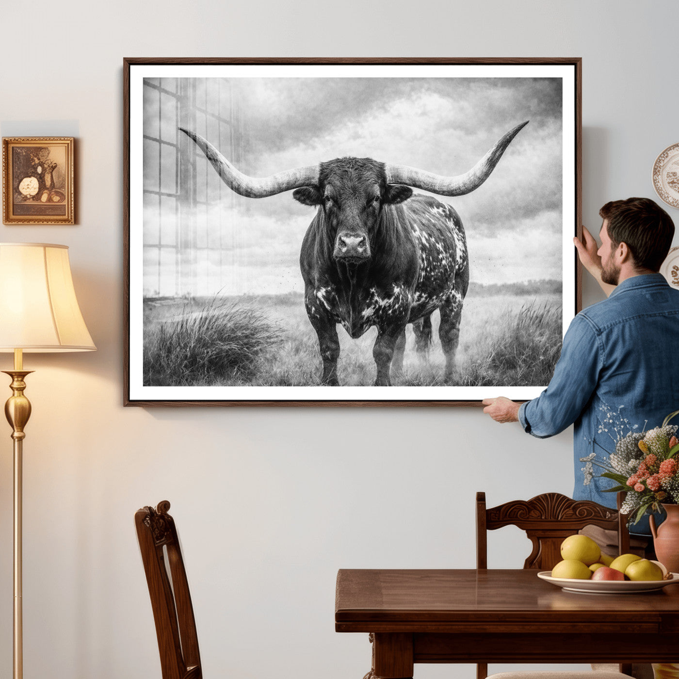 19951238-MGV-CV-36X24 - Texas Longhorn Canvas Wall Art Western Bull Desert Moody Grey Overcast Rustic Farmhouse Framed Large for Living Room Bedroom Office Decor