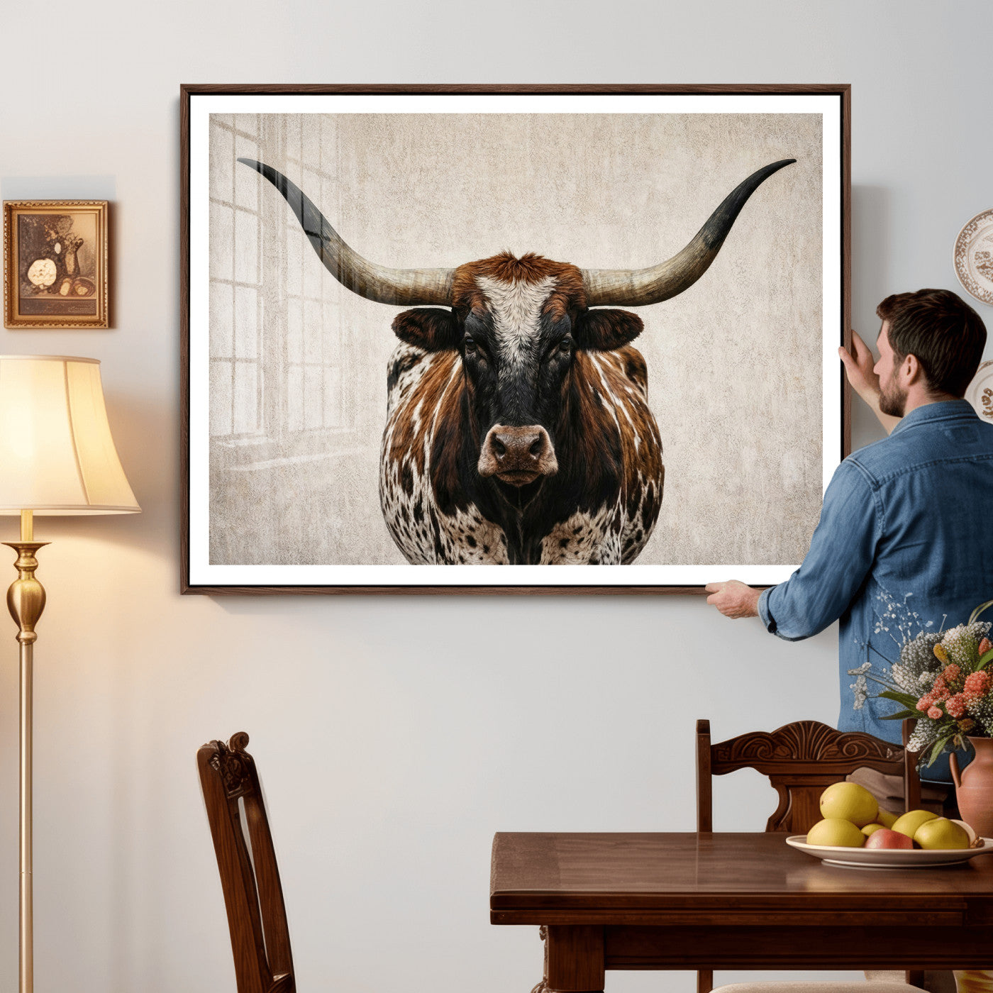 58622065-MGV-CV-36X24 - Texas Longhorn Canvas Wall Art Western Bull Desert Moody Grey Overcast Rustic Farmhouse Framed Large for Living Room Bedroom Office Decor