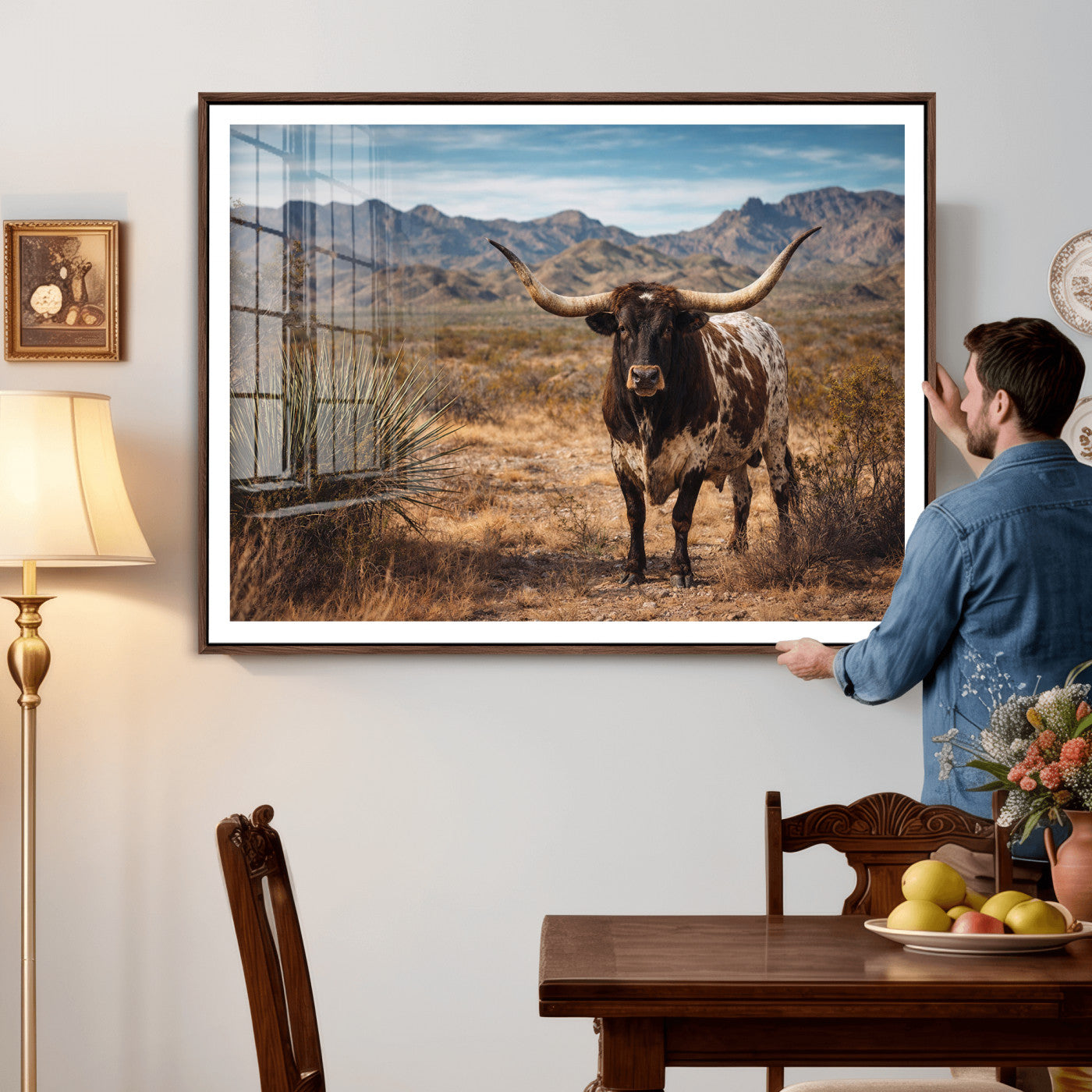 26448918-MGV-CV-36X24 - Texas Longhorn Canvas Wall Art Western Bull Desert Moody Grey Overcast Rustic Farmhouse Framed Large for Living Room Bedroom Office Decor