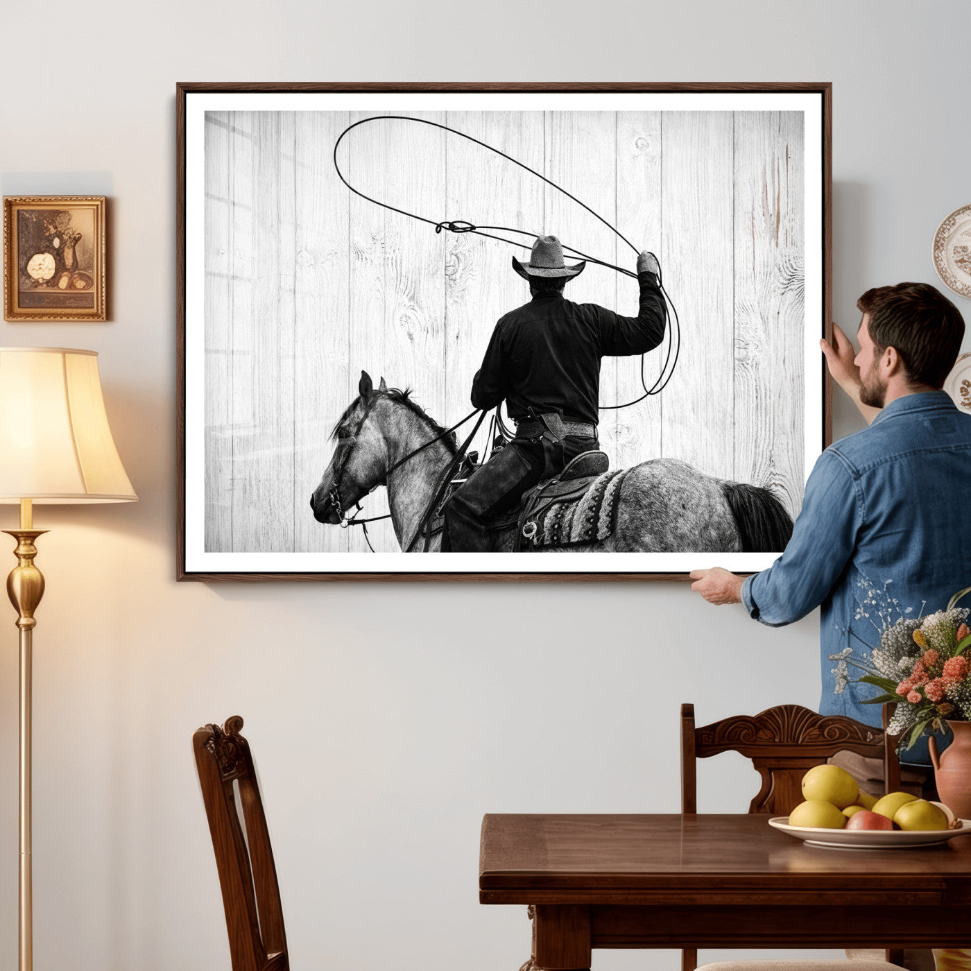 22569358-MGV-CV-36X24 - Cowboy Lasso Canvas Wall Art, Black White Western Horse Photo Print, Rustic Ranch Rodeo Decor, Farmhouse Western Art, Cowboy Gift for Him