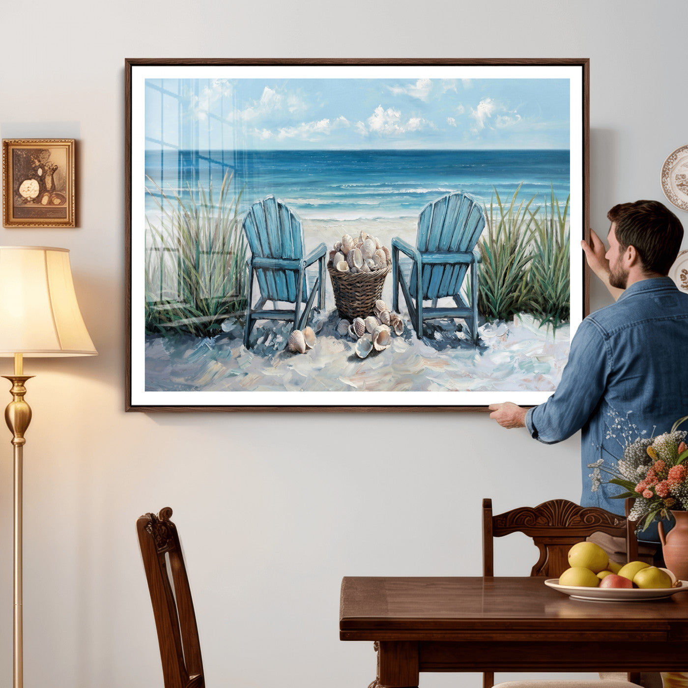 11973028-MGV-CV-36X24 - Beach Canvas Wall Art Coastal Adirondack Chairs Ocean Seashells Blue Nautical Framed Large for Living Room Bedroom Bathroom Decor