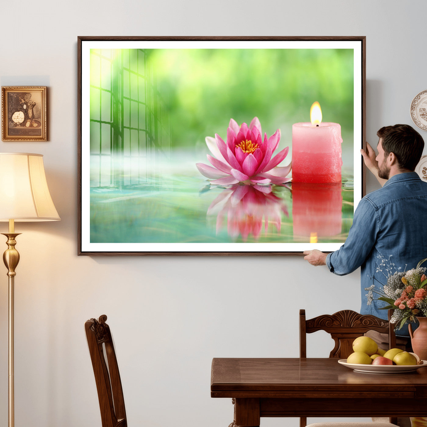 17661715-MGV-CV-36X24 - Zen Lotus Candle Canvas Wall Art Pink Spa Meditation Relaxation Green Bokeh Framed Large for Bathroom Bedroom Living Room Office Decor