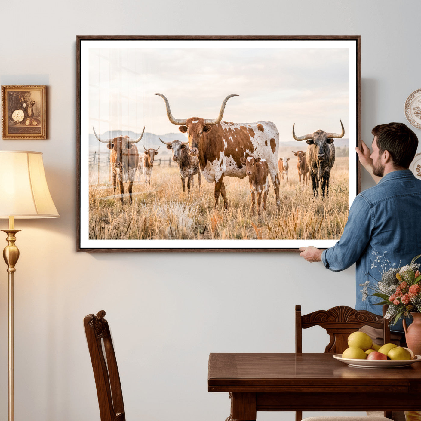 62336425AC-MGV-CV-36X24 - Texas Longhorn Canvas Wall Art, Rustic Farm Animal Photography Print, Farmhouse Country Decor, Western Ranch Art