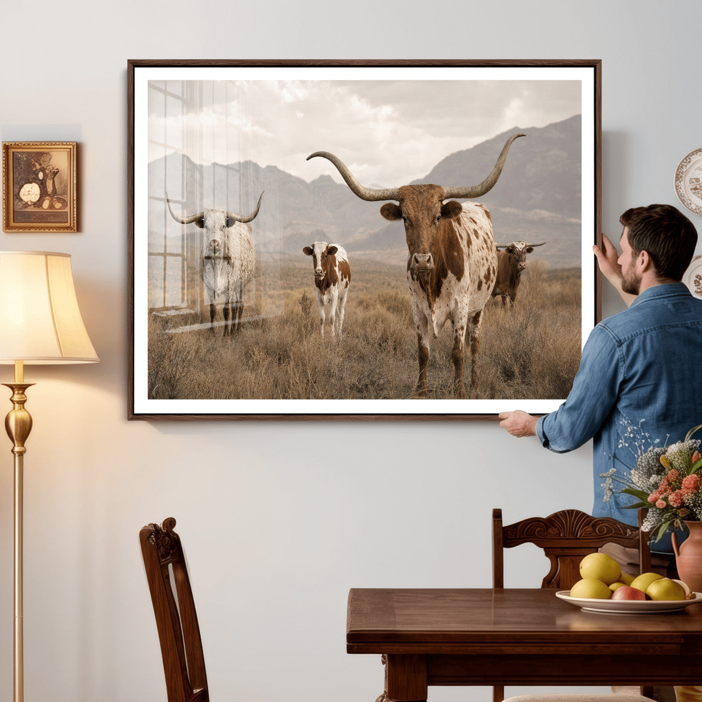 62336425AD-MGV-CV-36X24 - Rustic Texas Longhorn Cow Canvas Wall Art Print, Rustic Farm Animal Photography Print, Farmhouse Country Decor, Western Ranch Art