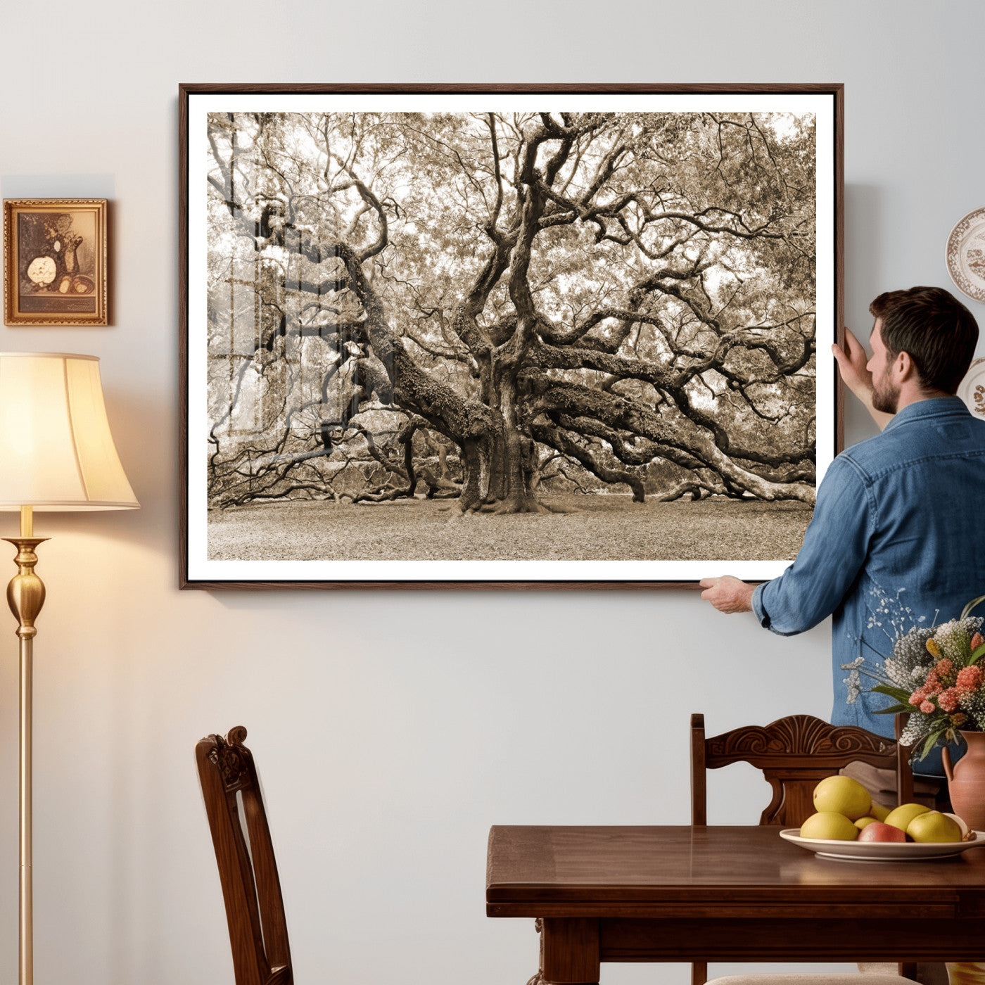 51126-MGV-CV-36X24 - Sepia Framed Angel Oak Tree Wall Art - 3-Panel Canvas Prints, Large Green Nature Artwork, Ready to