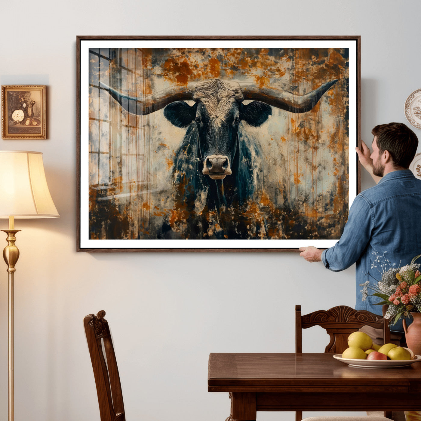 85913-MGV-CV-36X24 - Abstract Longhorn Bull Wall Art | Rustic Western Wall Decor | Framed and Ready to Hang | Ideal for