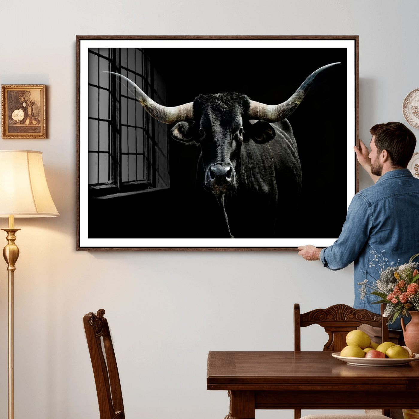 20679-MGV-CV-36X24 - Texas Black Longhorn Bull Wall Art Canvas Print - Western Texas Cattle Rustic Decor Print - Longhorn