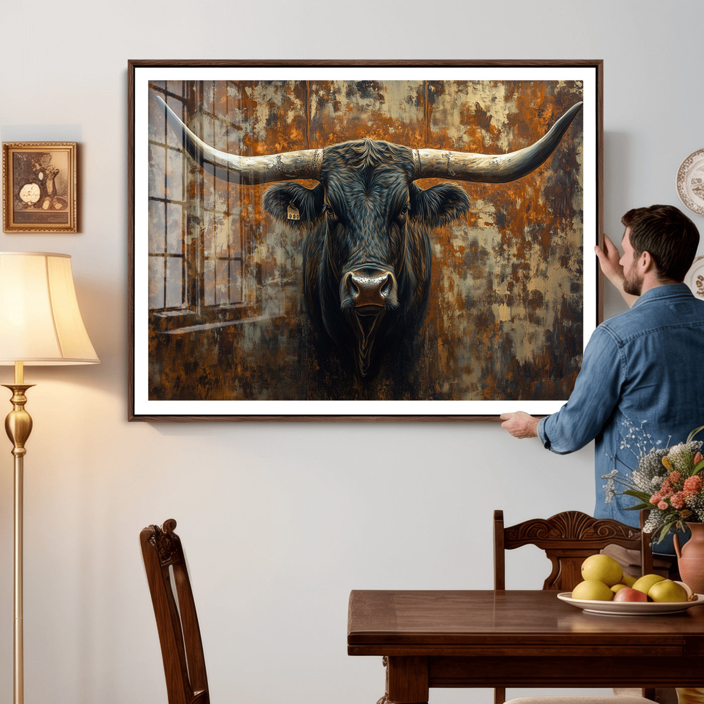 68068-MGV-CV-36X24 - Longhorn Texas Cow Bull Wall Art | Rustic Farmhouse Canvas Print | Ready to Hang Barn Decor for