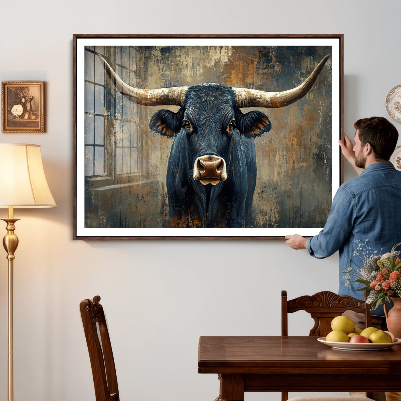 42026-MGV-CV-36X24 - Texas Western Wall Art Canvas Print - Abstract Cow Longhorn Bull Wall Art Canvas Print - Rustic Cow