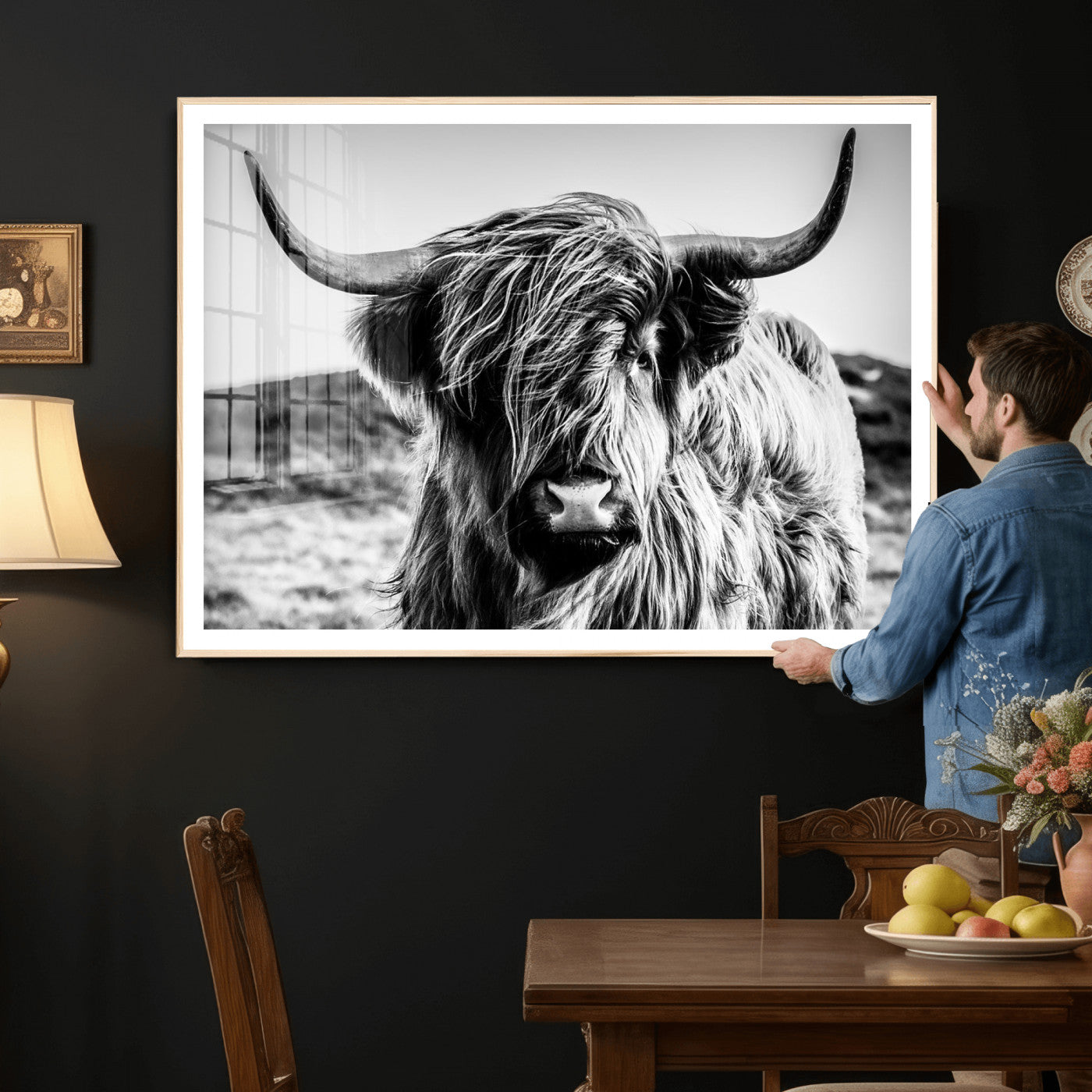 36979-MGV-CV-36X24 - Handsome Scottish Cow Black and White Wall Decor Canvas Art Print Extra Large Wall Art Highland Cattle Canvas Picture Animal Art Nature Photography High Quality Original Canvas Framed Ready to Hang