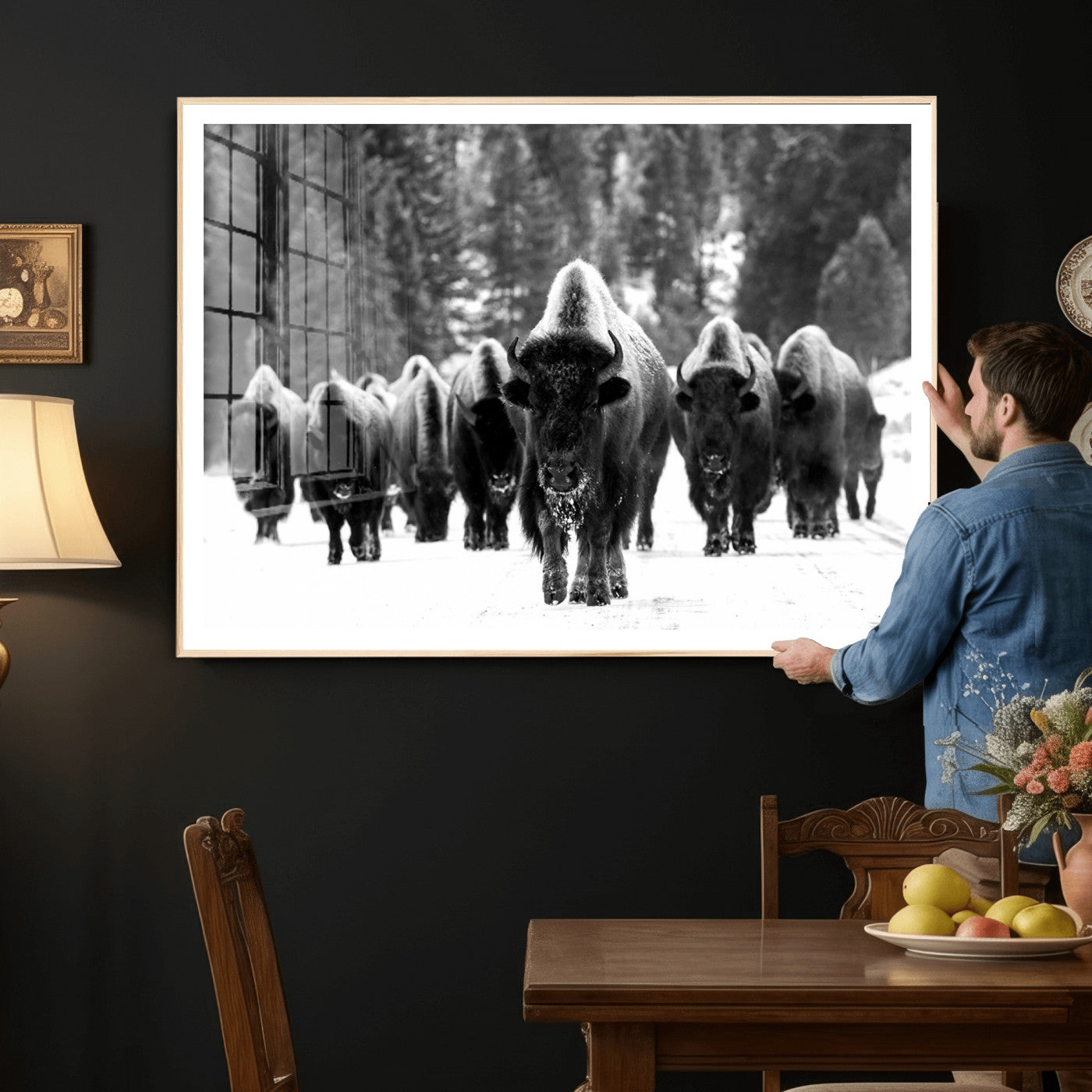 62434-MGV-CV-36X24 - Bison Herd in Snow Wall Art Canvas Print | Rustic Western Bison Wall Art for Decor for Living Room,