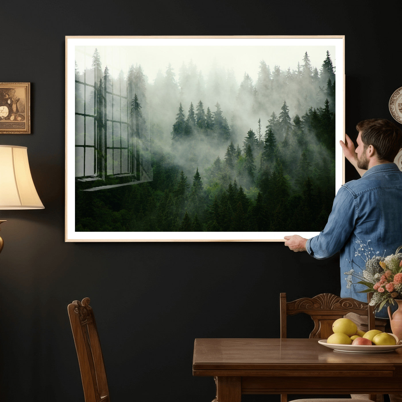 167720496-MGV-CV-36X24 - Misty Forest Mountain Wall Art Canvas | Large 3-Panel Foggy Landscape Canvas Print | Nature Misty
