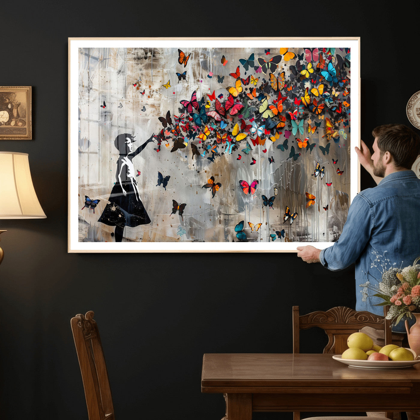 51446-MGV-CV-36X24 - Banksy Butterfly Girl Wall Art | 3-Piece Butterfly Girl Canvas