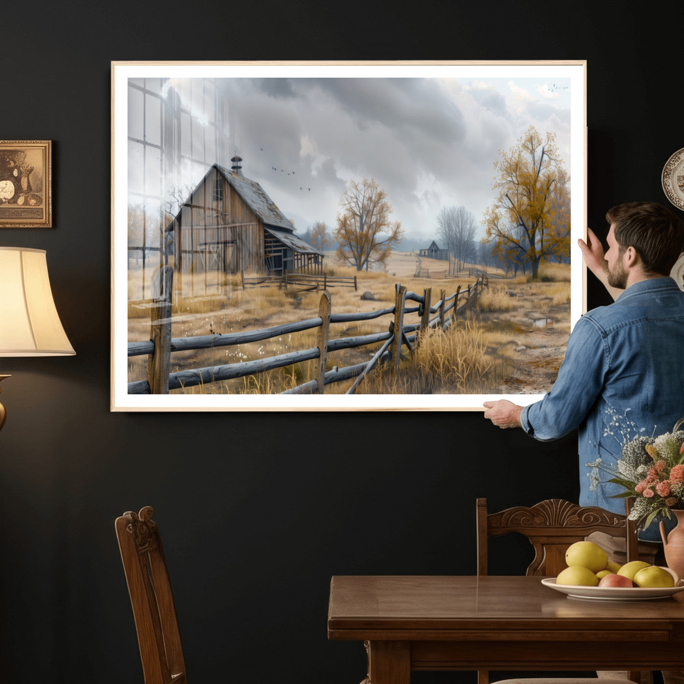 Farm1-MGV-CV-36X24 - Rustic Autumn Farmhouse Wall Art Canvas Print – Serene Countryside Scene with Weathered Barn and