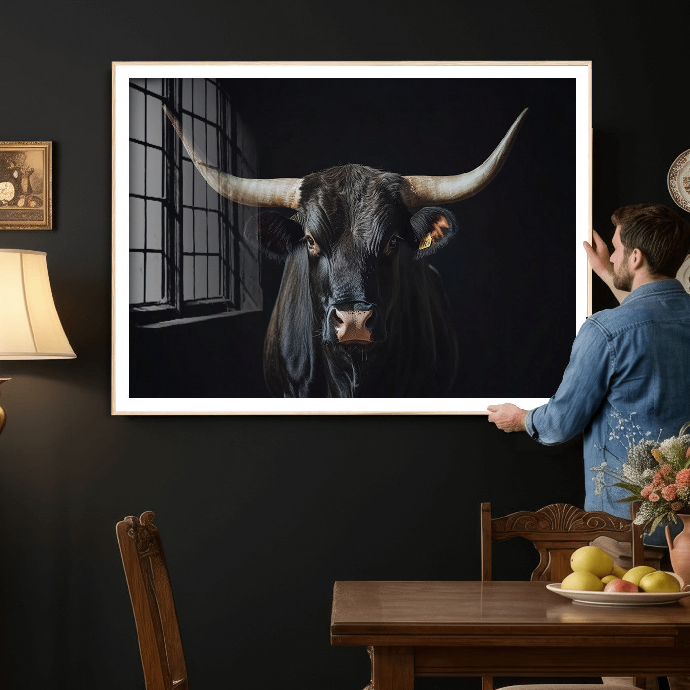 48065167-MGV-CV-36X24 - Texas Longhorn Bull Wall Art Canvas Print – Western Black Bull Art Print for Farmhouse Ranch Decor