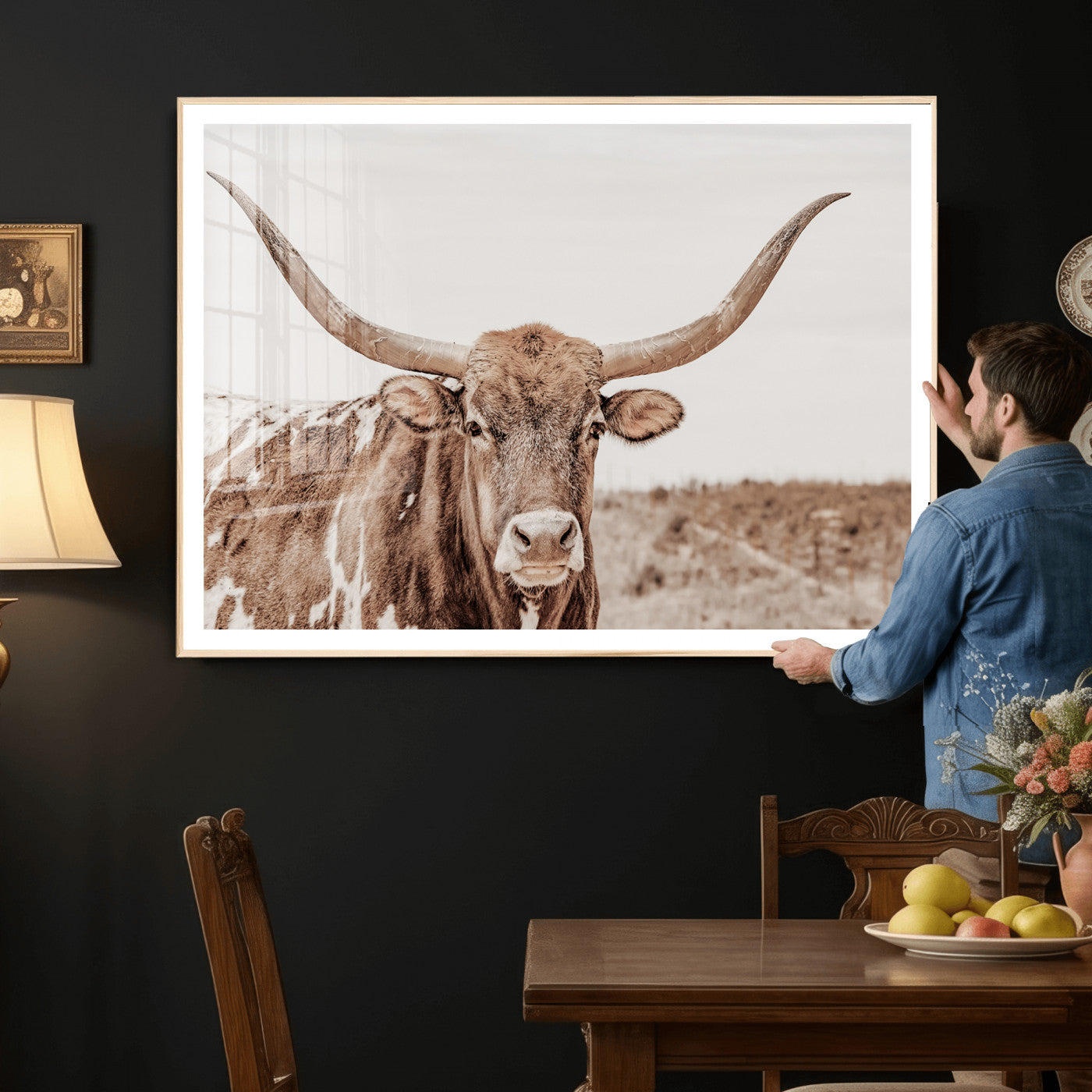 39964150-MGV-CV-36X24 - Longhorn Cow Wall Art Canvas Print, Texas Ranch Print, Framed Western Bull Art Print, Large BigHorn Cowboy Printing Perfect for County Decor