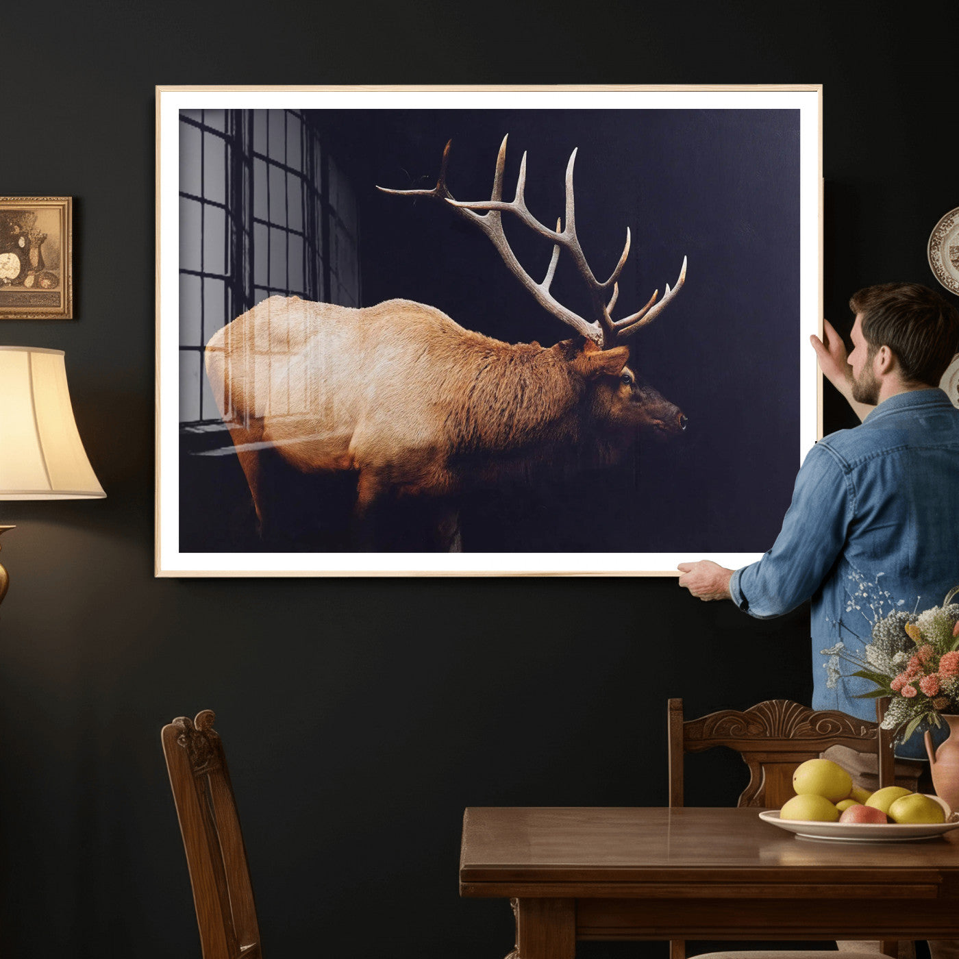 89239257-MGV-CV-36X24 - Rustic Elk Wall Art Canvas Print – Framed Moody Wildlife Art Picture Western Animal Artwork for Home, Office Decor