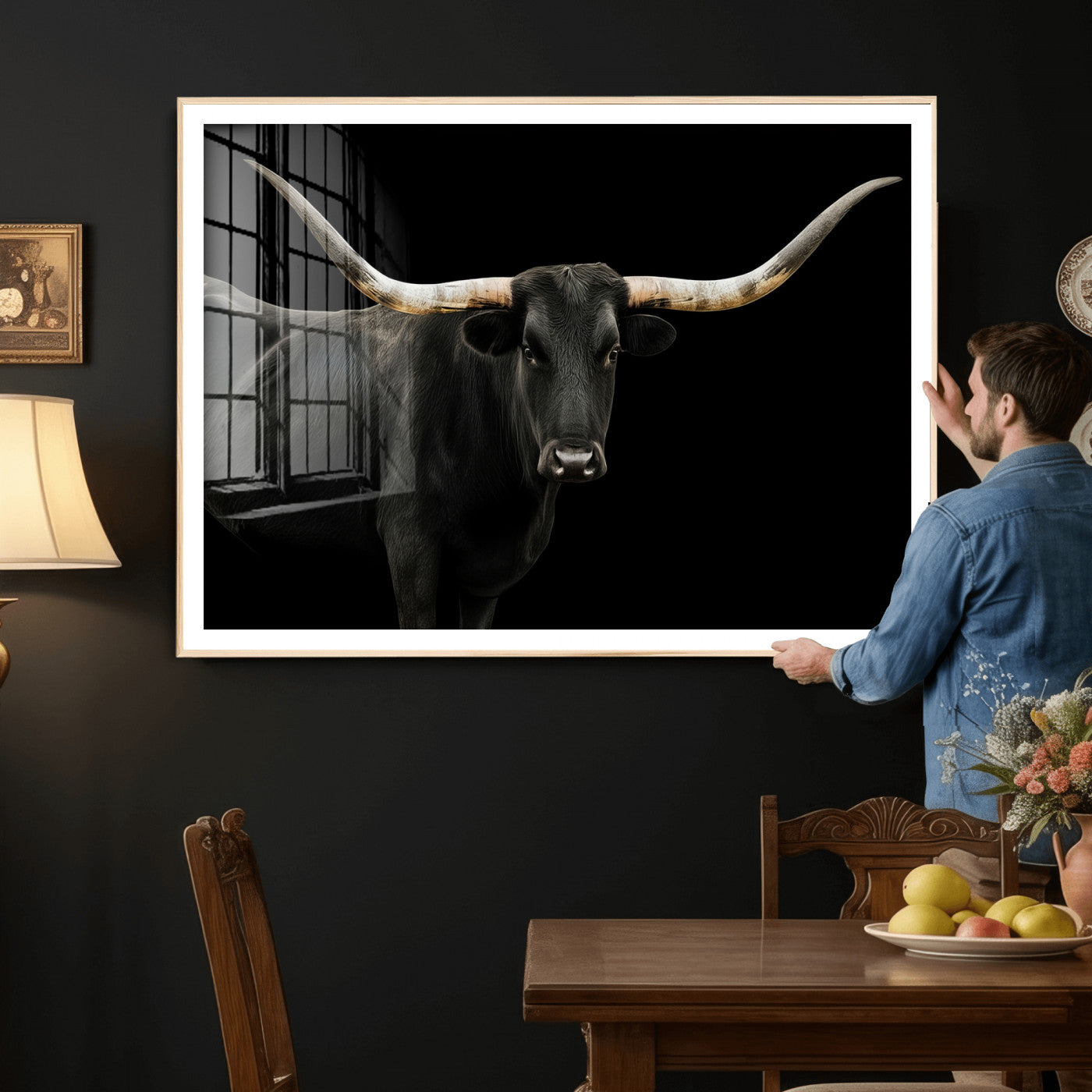 23572907-MGV-CV-36X24 - Texas Longhorn Wall Art Canvas Print, Framed Rustic Western Art Picture Print, Farmhouse Animal Perfect Modern Western Minimalist Decor Artwork
