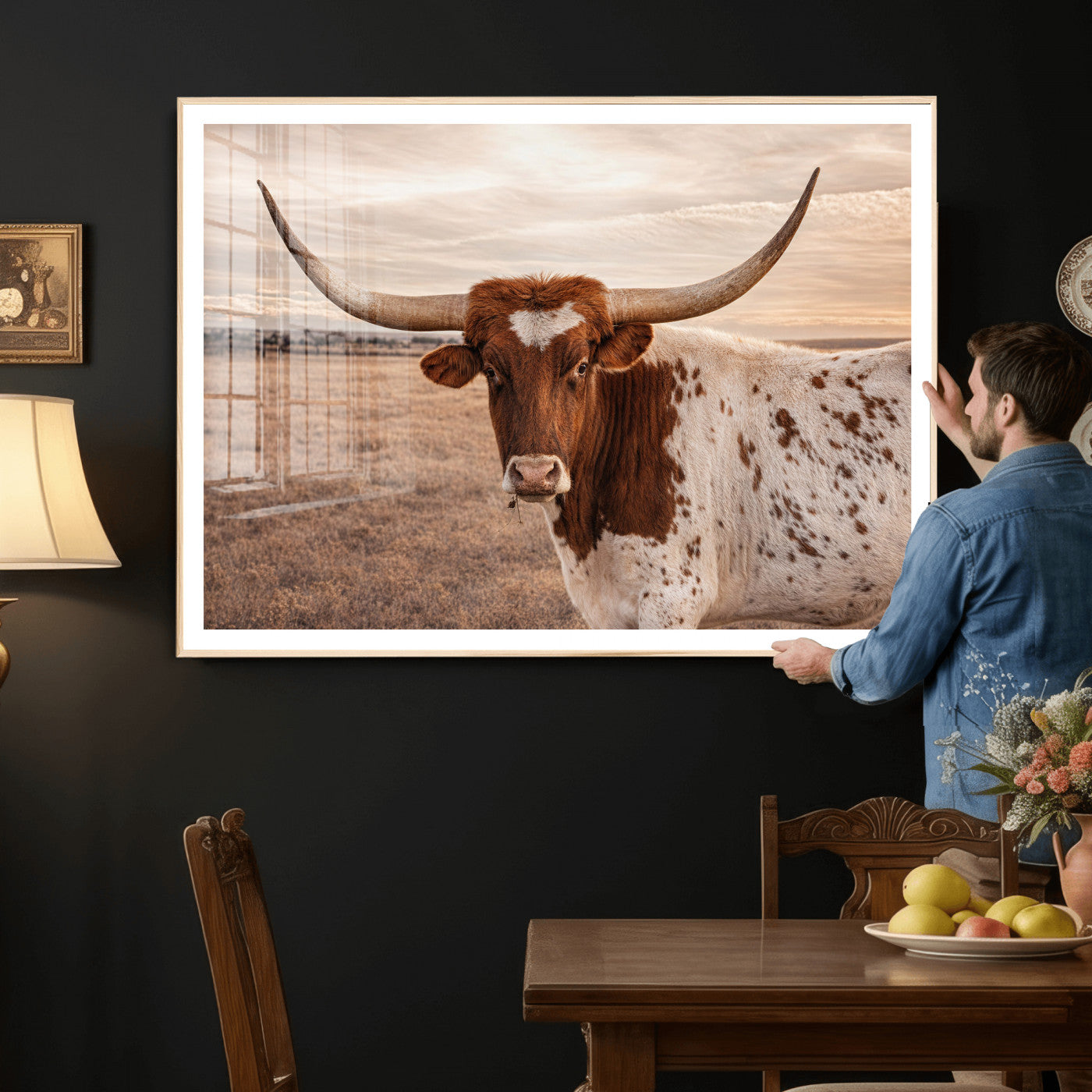 95745718-MGV-CV-36X24 - Longhorn Cow Wall Art – Texas Bull Canvas Print, Rustic Farm Cattle Photography, Western Animal Decor for Country Home, Living Room or Game Room