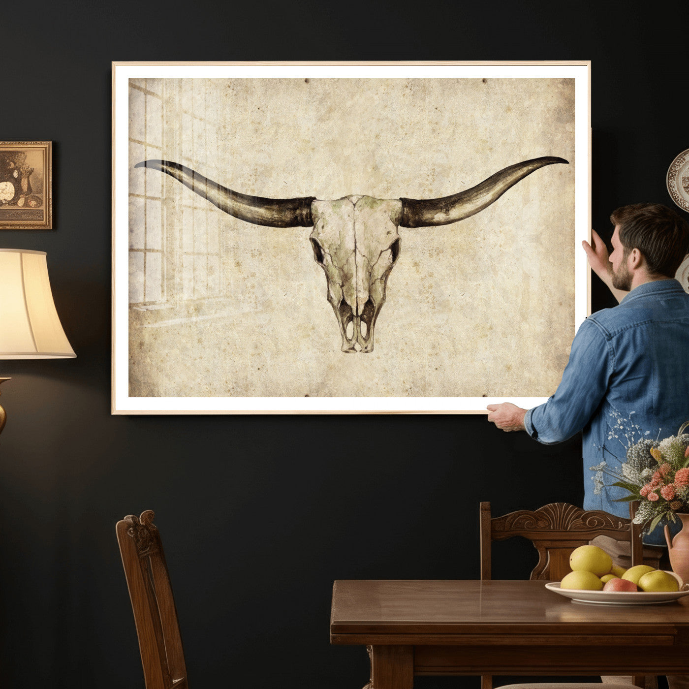 42788678-MGV-CV-36X24 - Longhorn Skull Wall Art Canvas Print – Rustic Western Artwork Print for Living Room Wall Decor