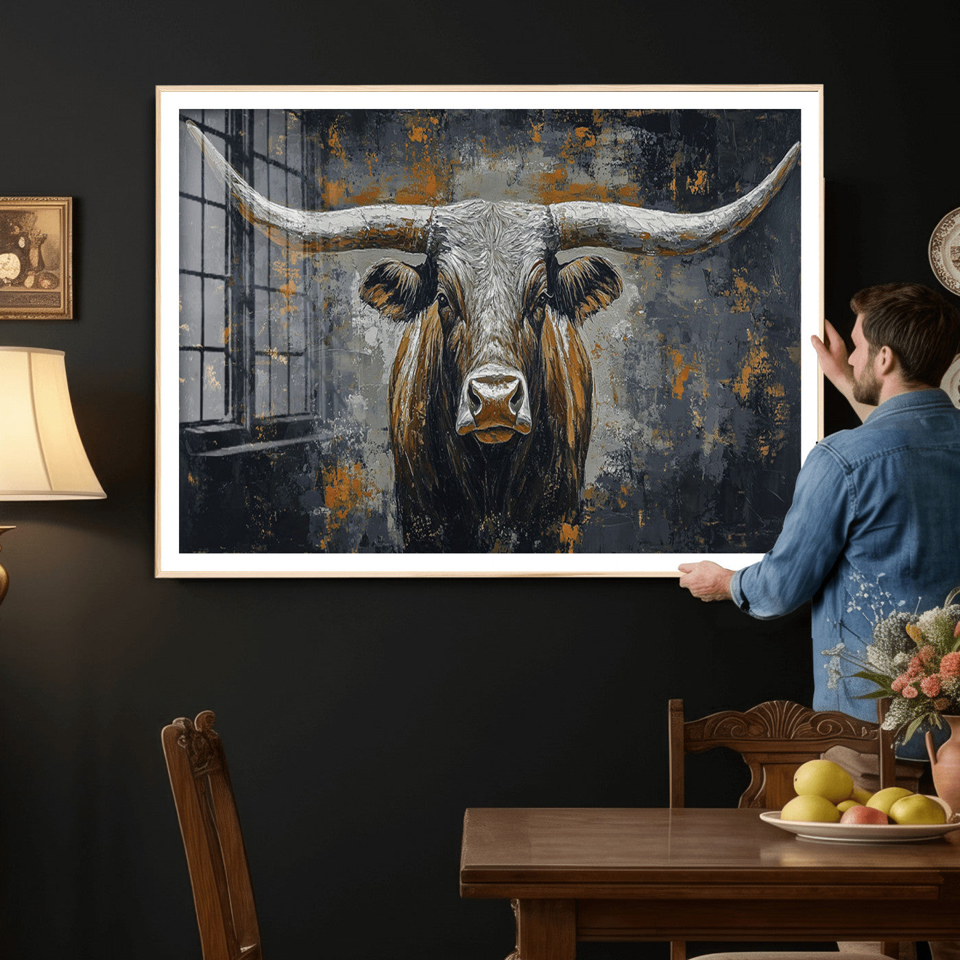 73972561-MGV-CV-36X24 - Bold Bull Wall Art Canvas – Striking Portrait with Wide Horns and Rich Brown Hues, Rustic Farmhouse and Western Decor for Home Room