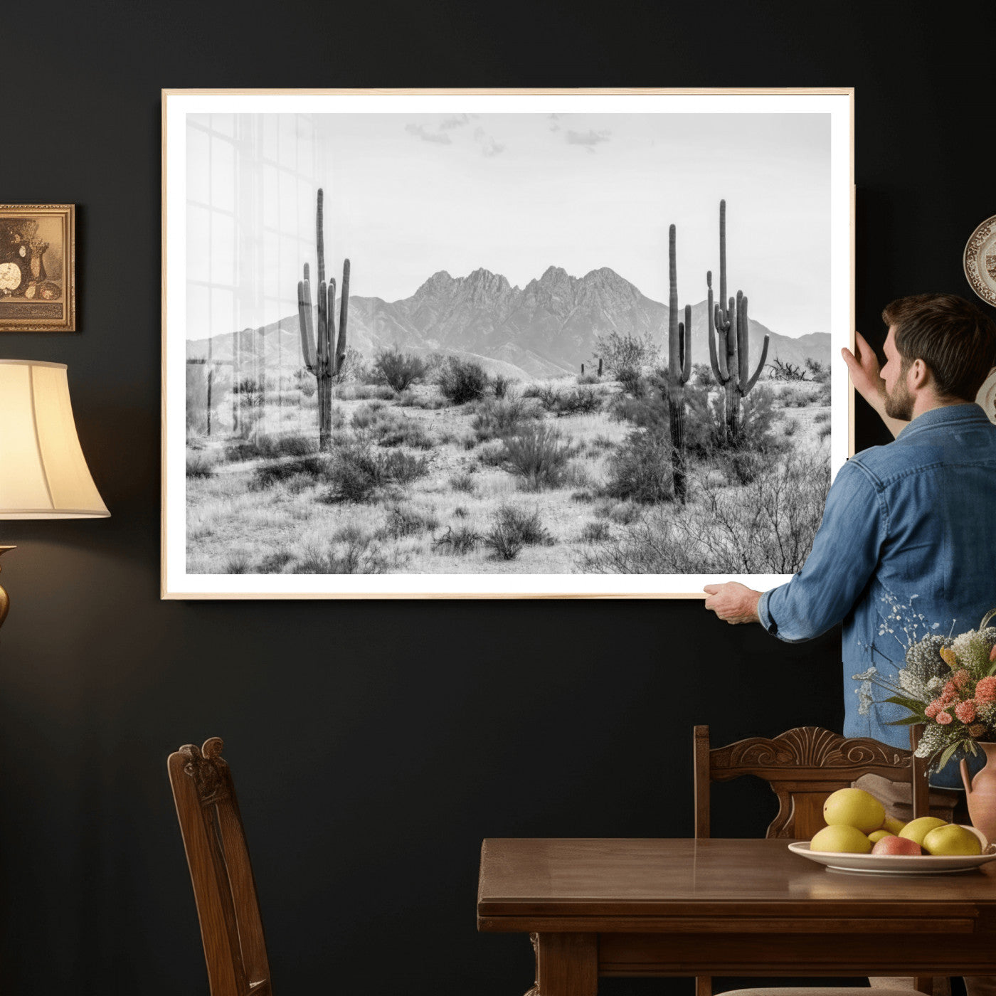 97436PHN-MGV-CV-36X24 - Black White Arizona Desert Canvas Wall Art Cactus Farmhouse Wall Art