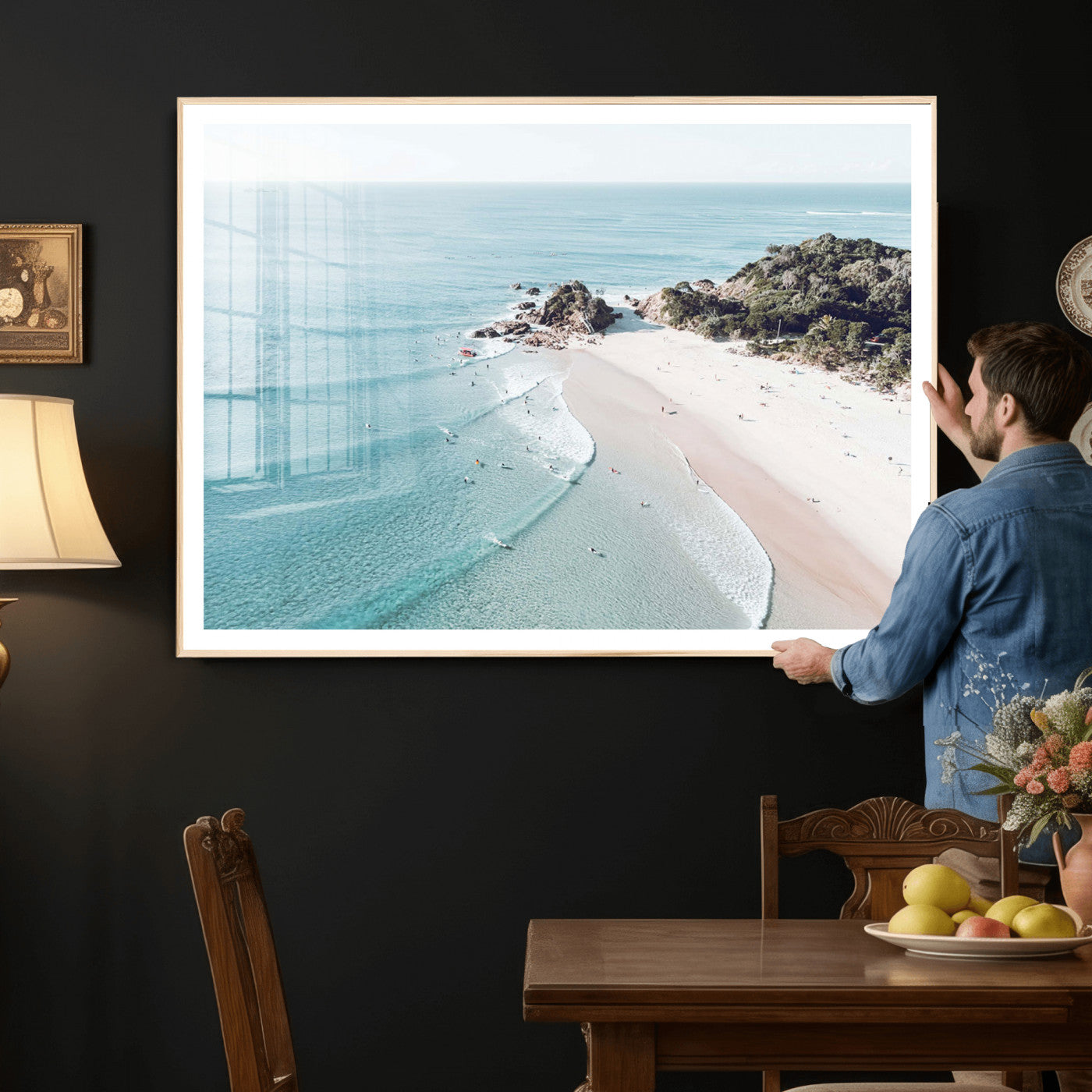 79395467-MGV-CV-36X24 - Aerial Beach Wall Art Canvas Print, Coastal Ocean Waves and Surfers Scenic Seaside Artwork for Home, Office Decor