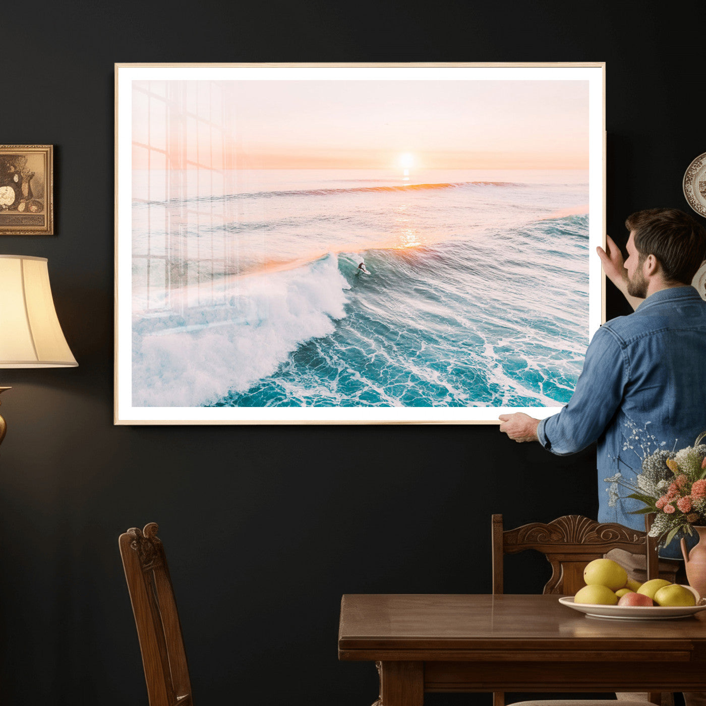 34064591-MGV-CV-36X24 - Sunset Surfing Wall Art Canvas Print, Ocean Wave Surfer with Golden Sky Artwork for Home, Office, Living Room