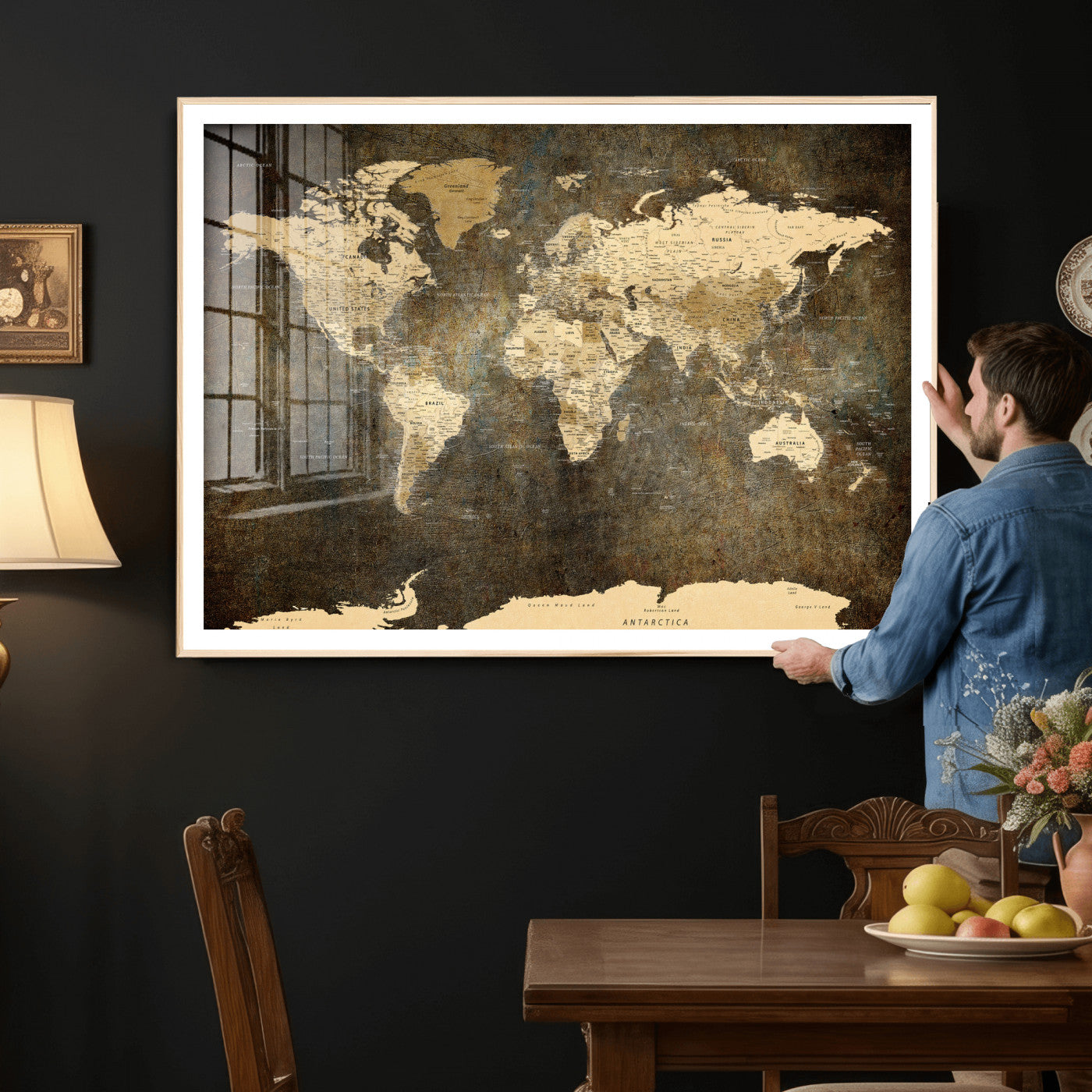 89742472-MGV-CV-36X24 - World Map Wall Art Canvas Print, Modern Decorative Framed Map Artwork Prints for Living Room, Office, Bedroom Wall Decor