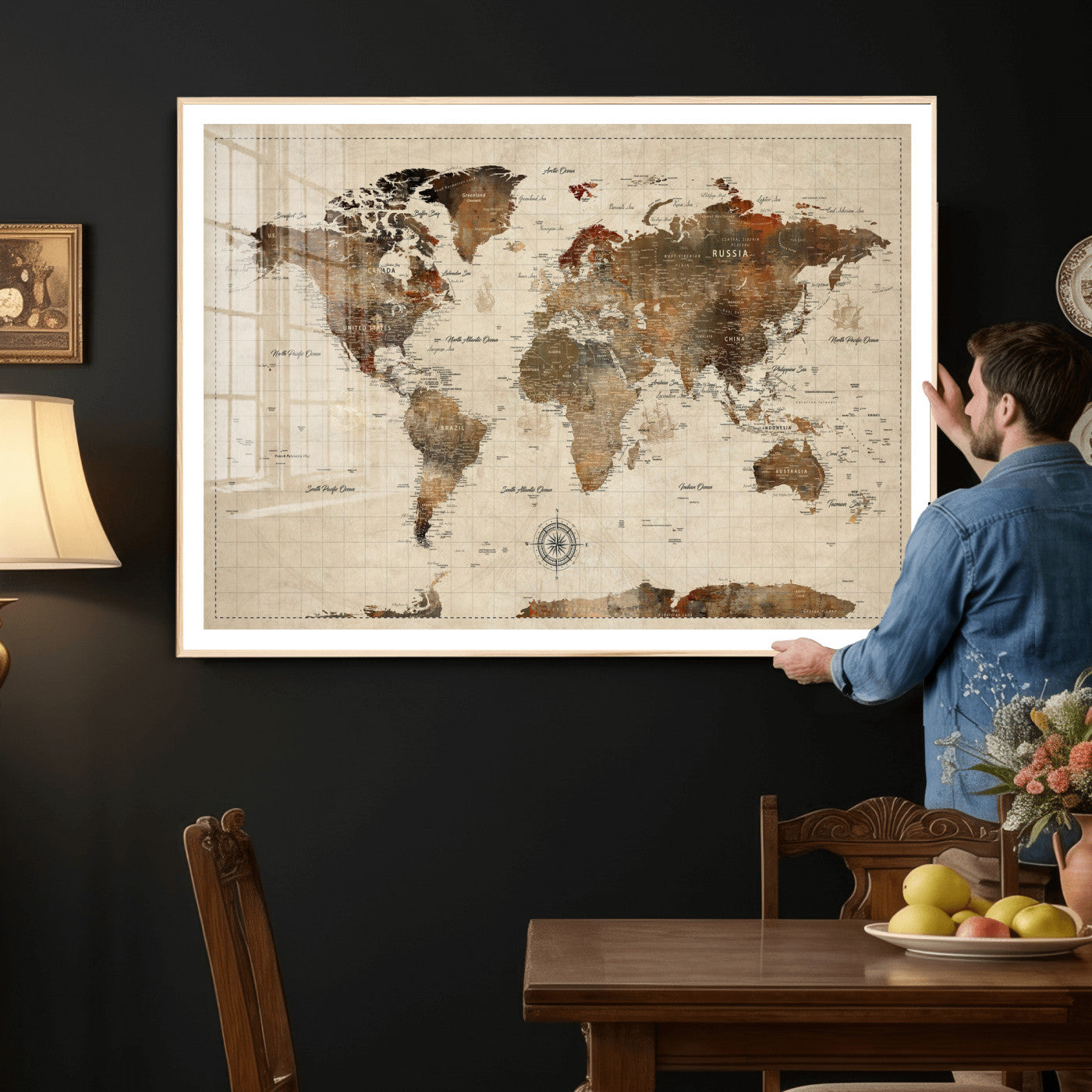 23610090-MGV-CV-36X24 - World Map Wall Art Canvas Print, Modern Decorative Framed Map Artwork Prints for Living Room, Office, Bedroom Wall Decor